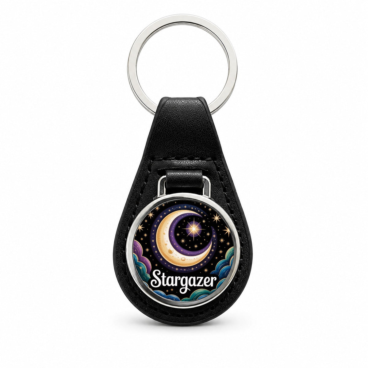 Stargazer Large Crescent Moon Black Leather Metal Keychain