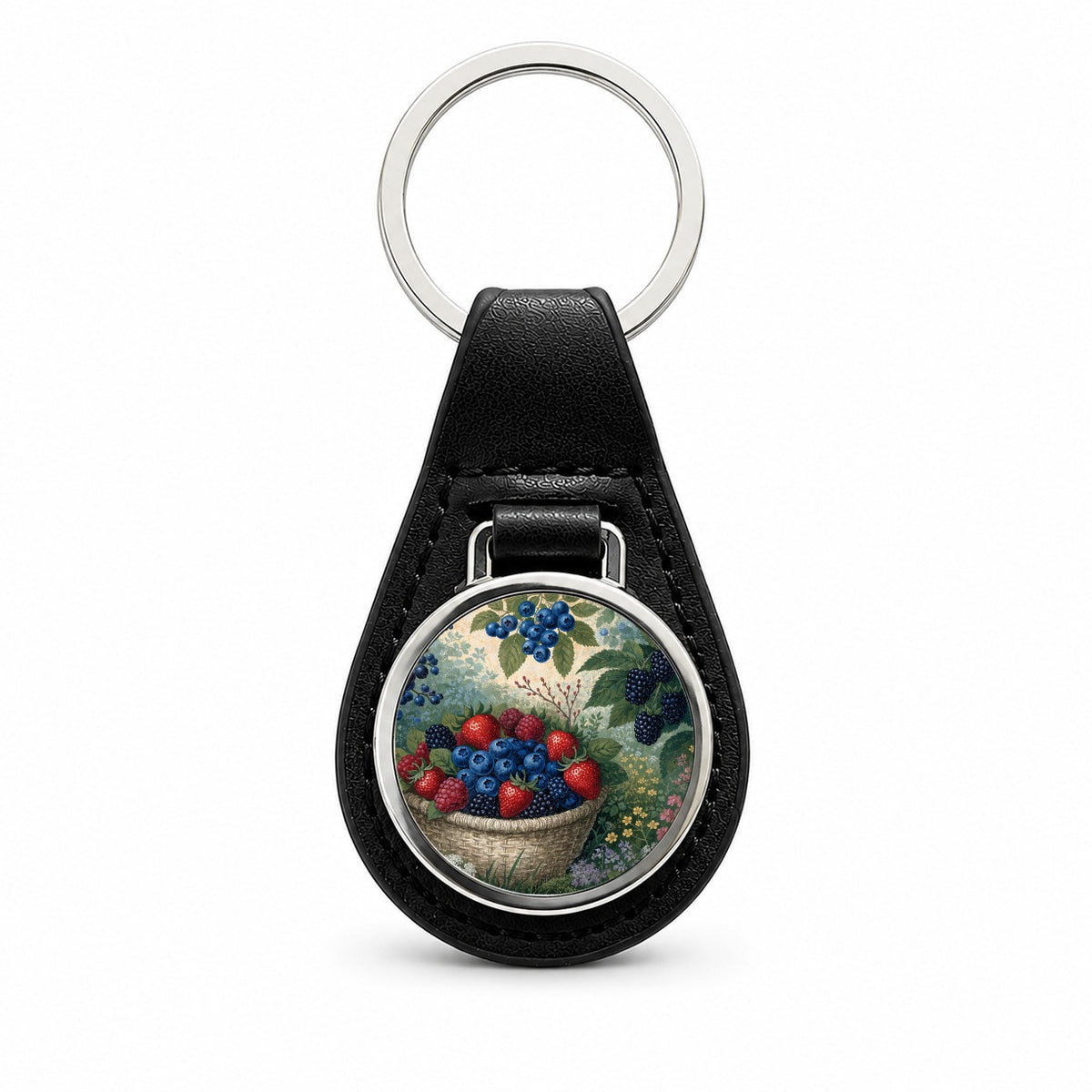 Summer Berry Picking Black Leather Metal Keychain