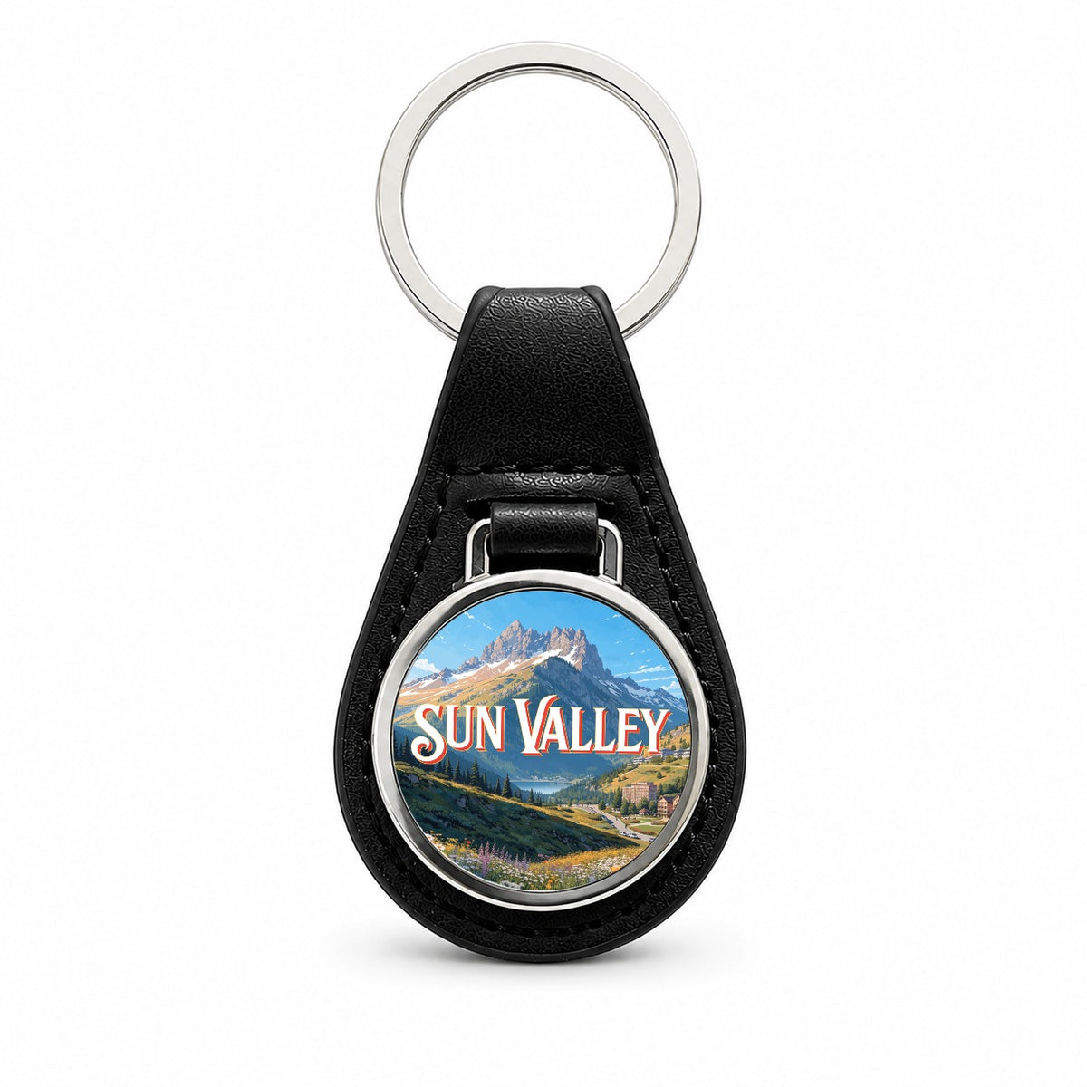 Sun Valley Idaho Travel Black Leather Metal Keychain