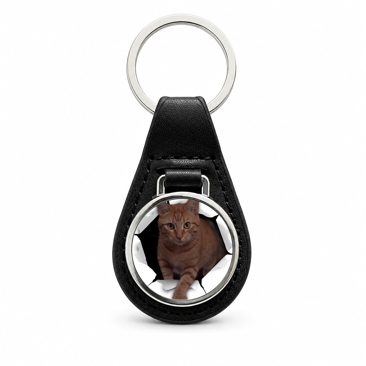 Tabby Orange Cat Breakout Black Leather Metal Keychain