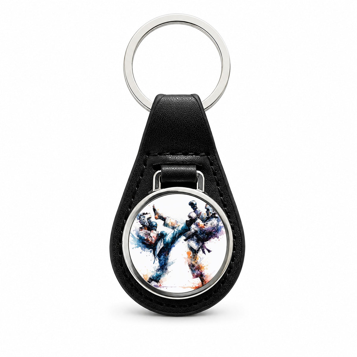 Taekwondo Karate Black Belt Sparring Black Leather Metal Keychain