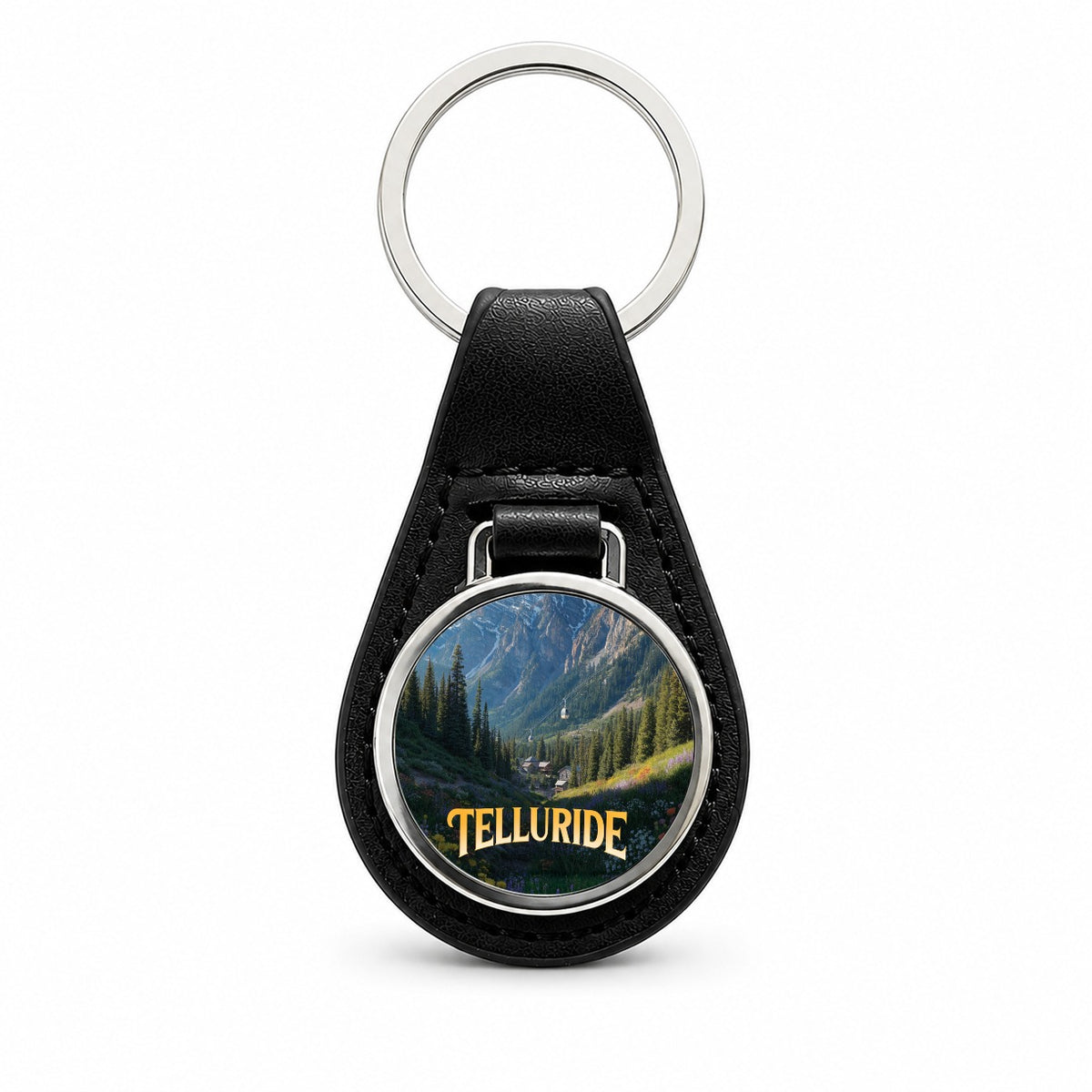 Telluride Colorado Travel Black Leather Metal Keychain