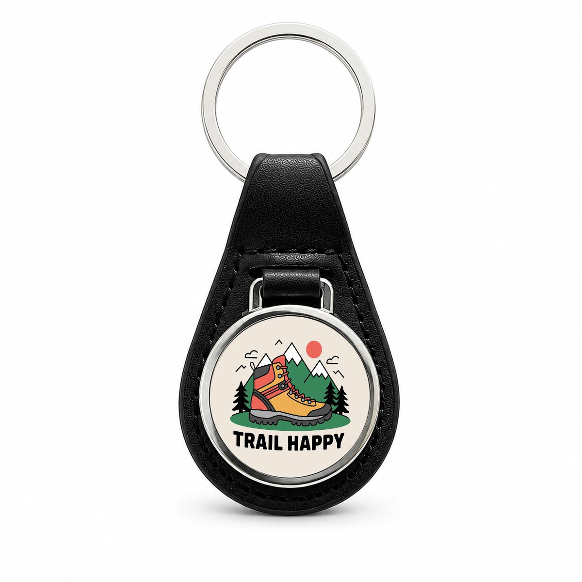 Trail Happy Hiking Boot Mountains Hiker Black Leather Metal Keychain