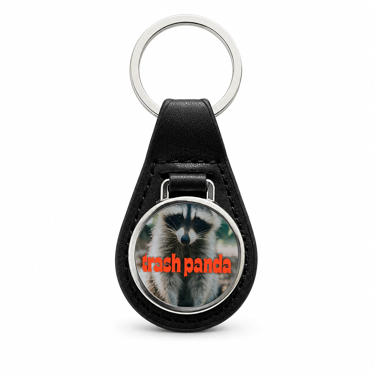 Trash Panda Raccoon Funny Black Leather Metal Keychain