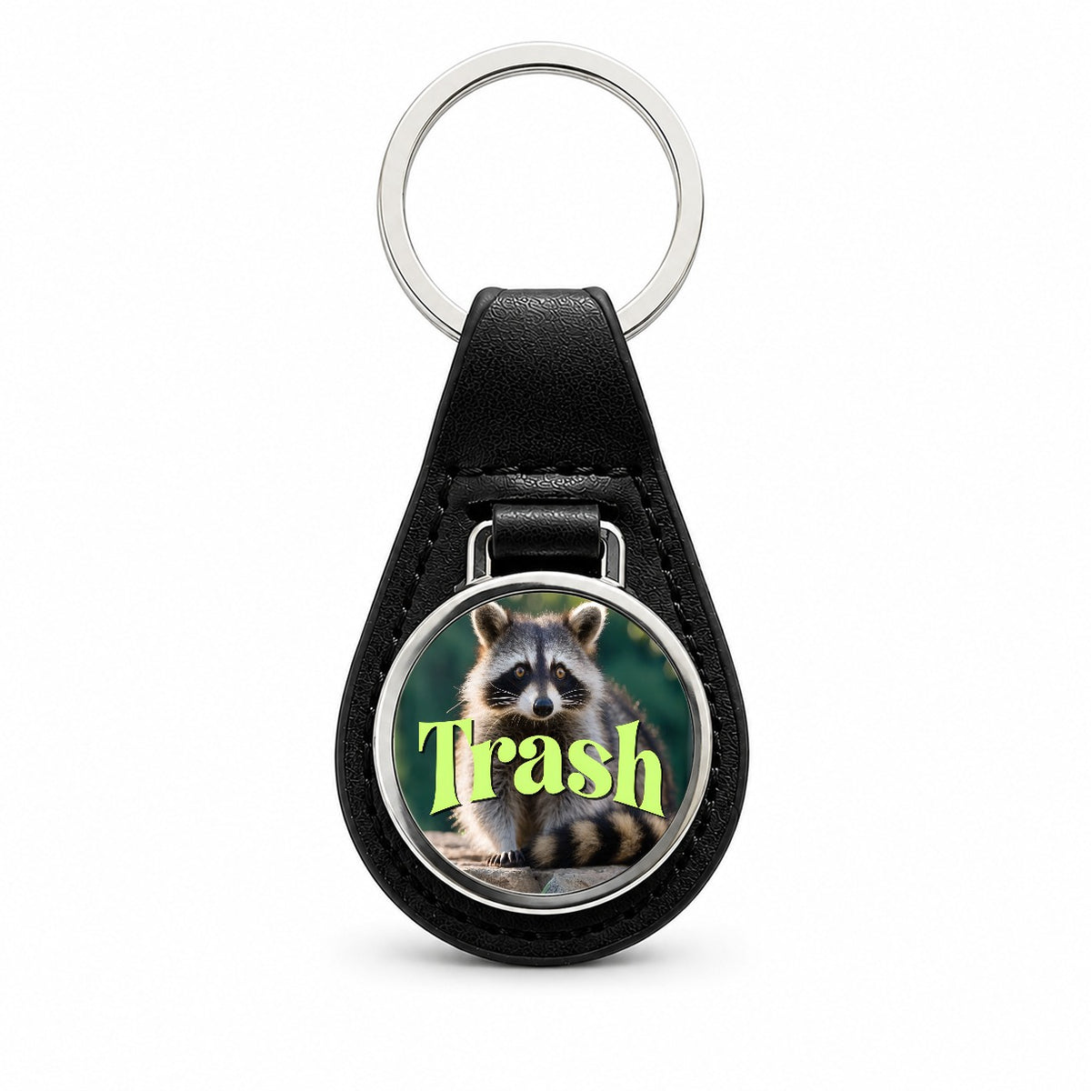 Trash Raccoon Funny Black Leather Metal Keychain