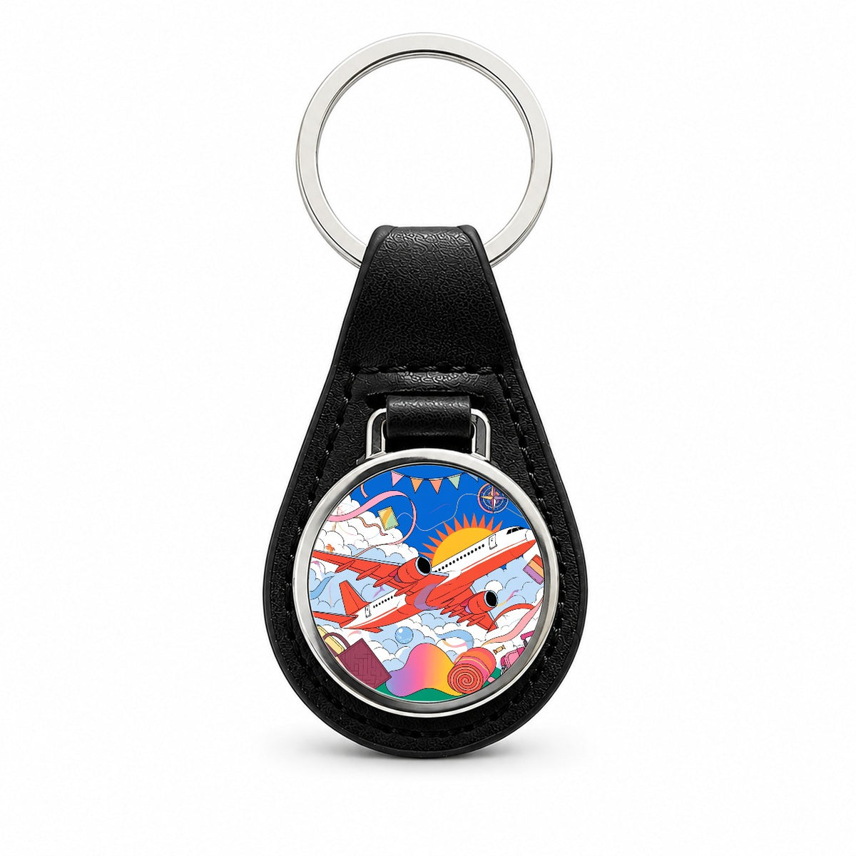 Travel Airplane Flight Attendant Pilot Black Leather Metal Keychain