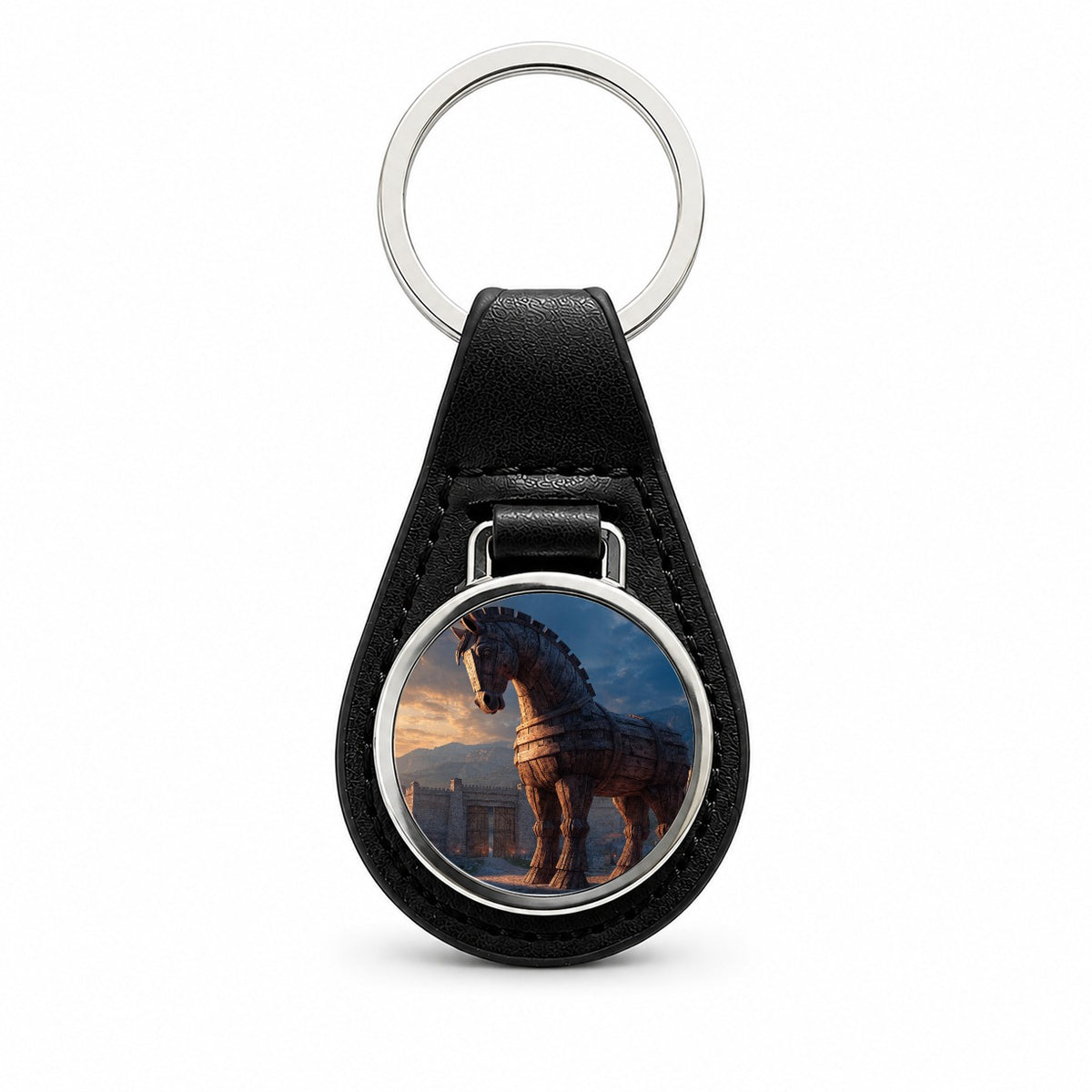 Trojan Horse Ancient Troy Greek Black Leather Metal Keychain
