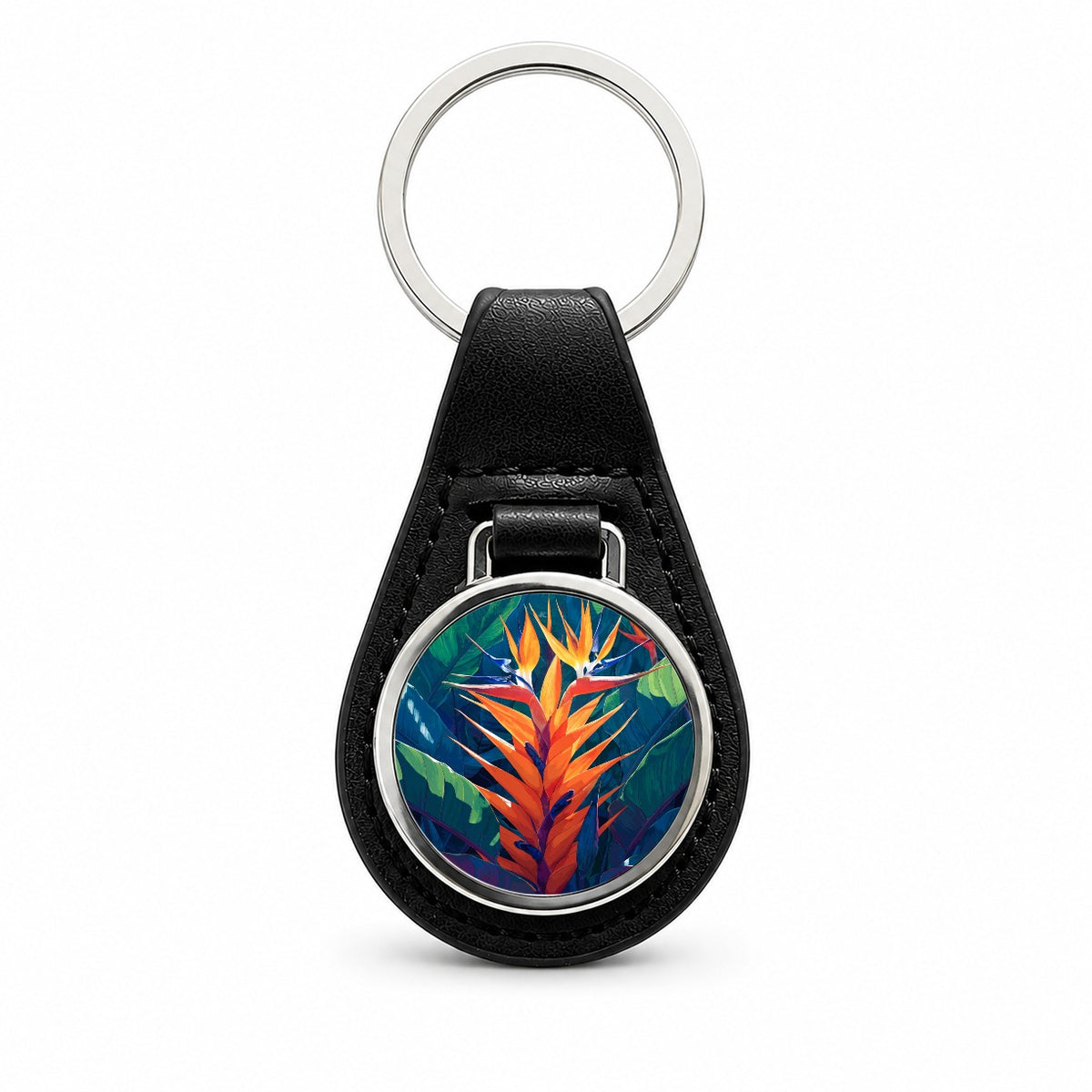 Tropical Bird Paradise Flowers Black Leather Metal Keychain