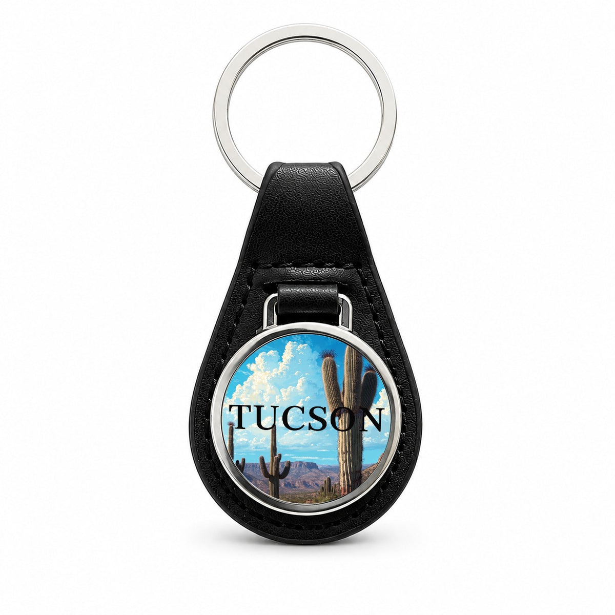 Tucson Arizona Travel Black Leather Metal Keychain
