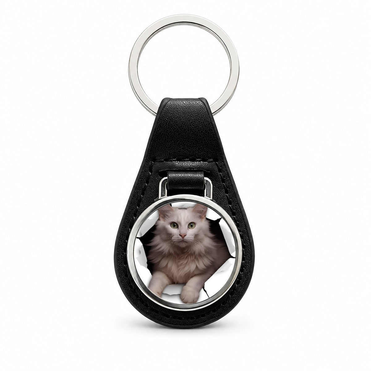 Turkish Angora Cat Breakout Black Leather Metal Keychain