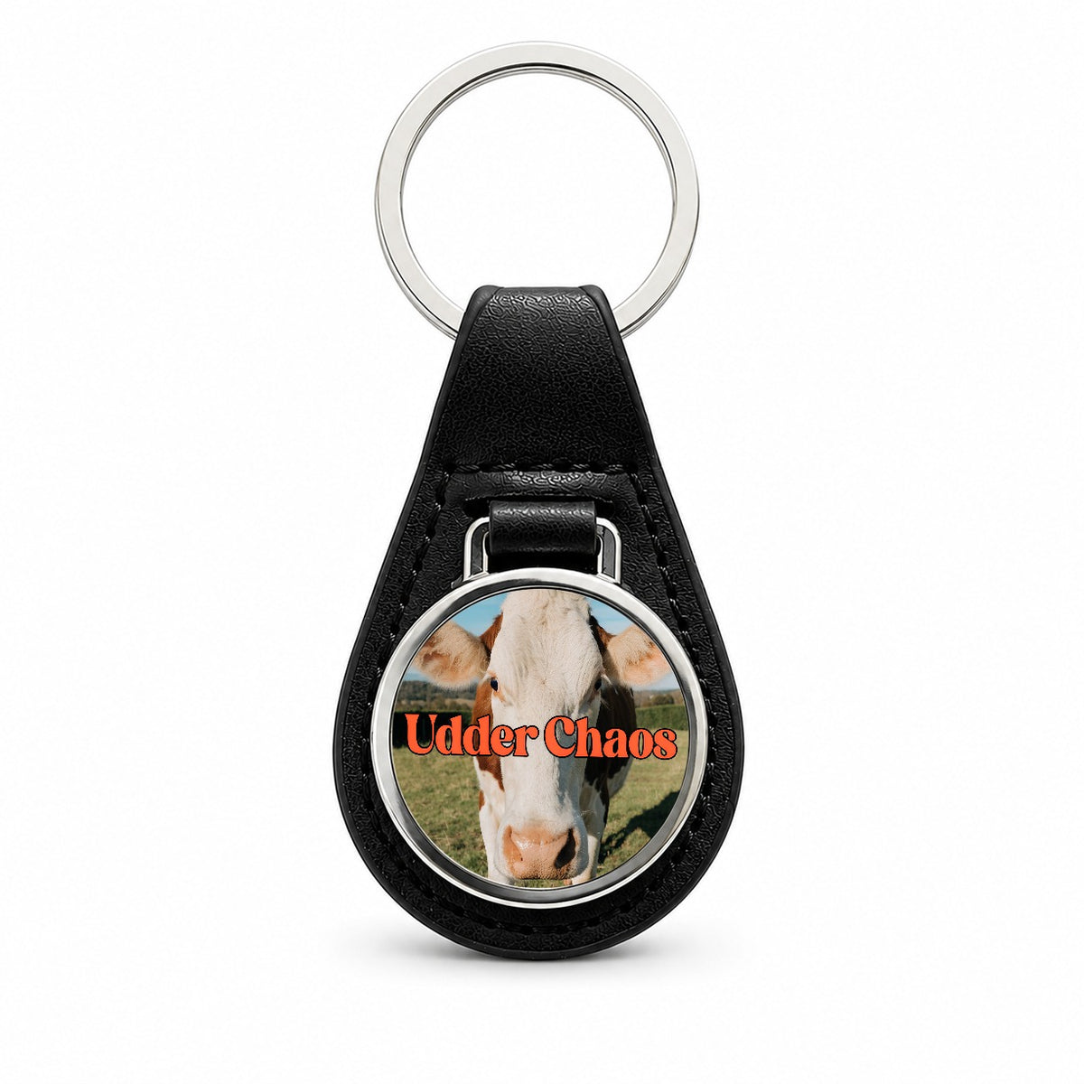 Udder Chaos Cow Funny Black Leather Metal Keychain