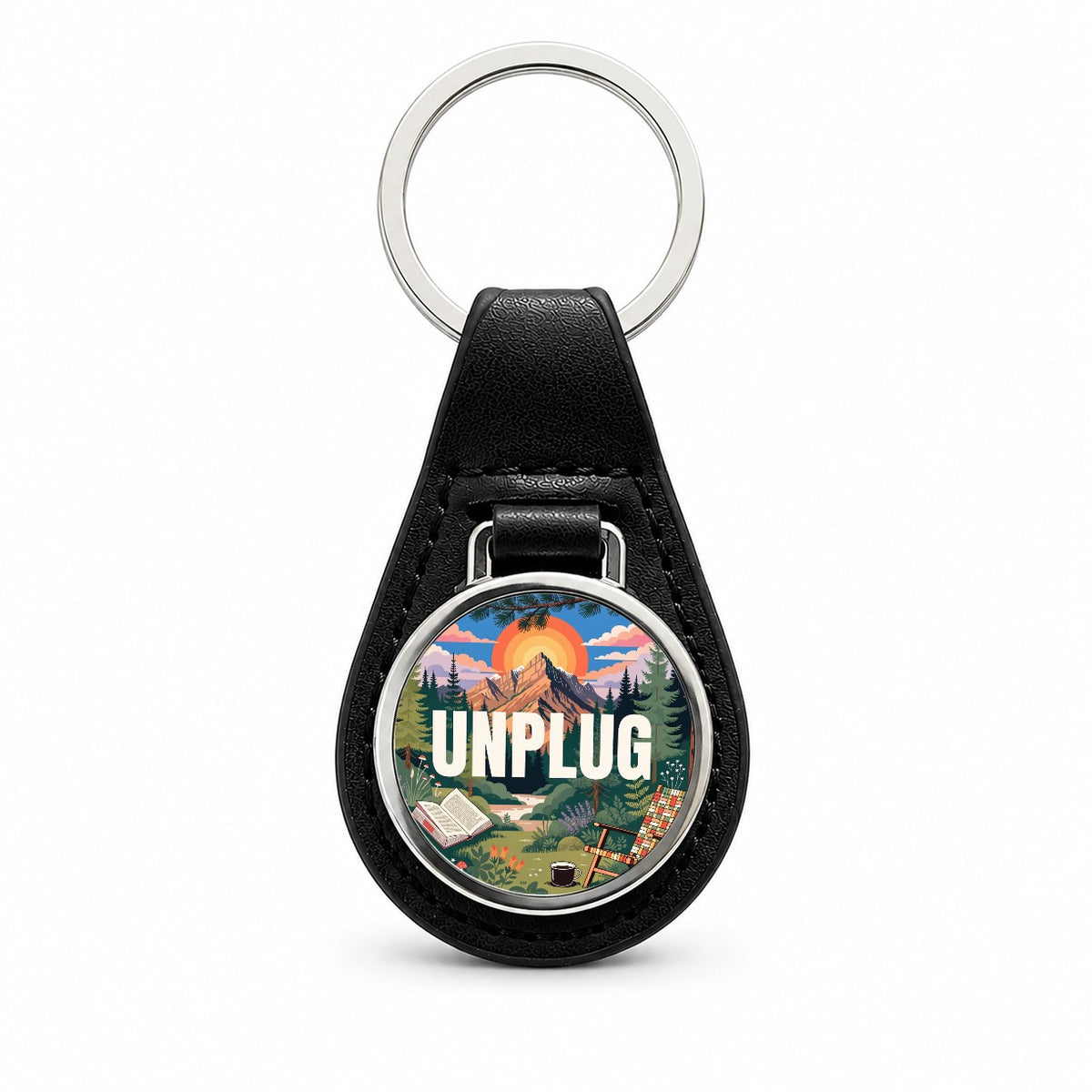 Unplug Cozy Camping Book Black Leather Metal Keychain