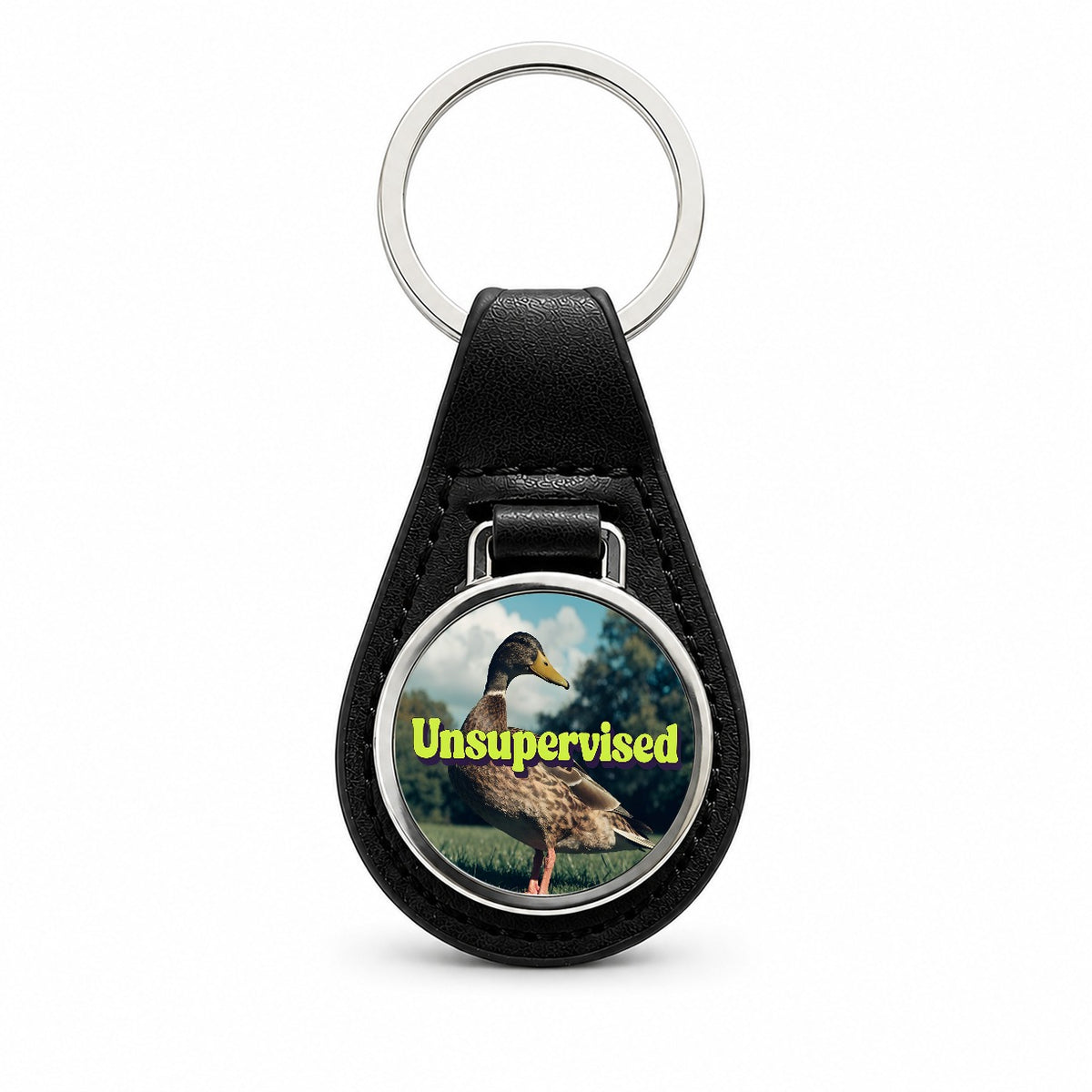 Unsupervised Duck Funny Black Leather Metal Keychain