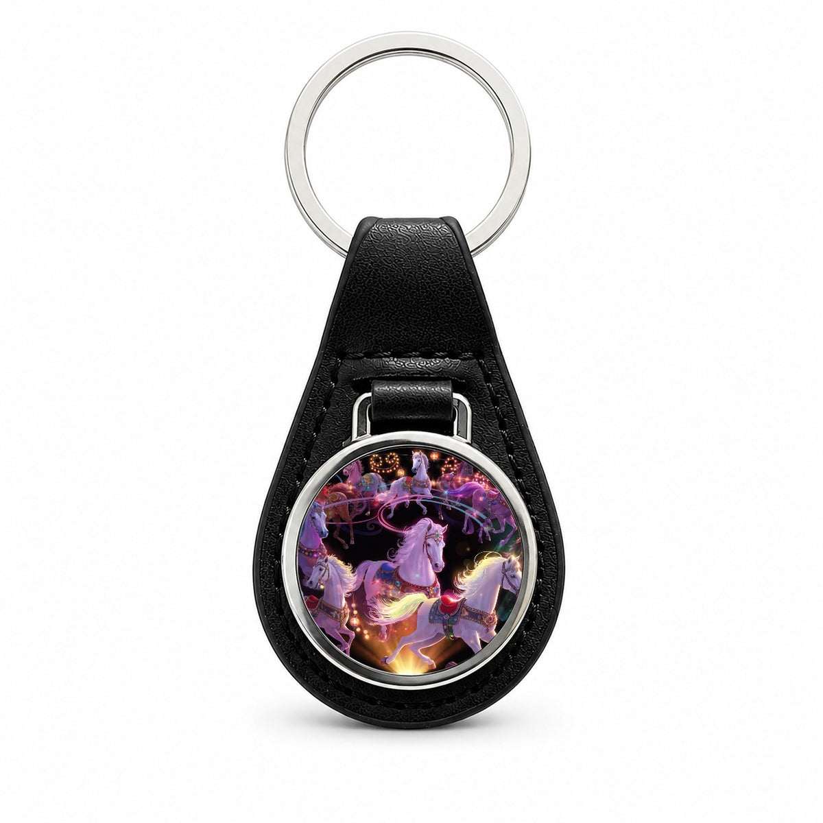 Vintage Carousel Horses Black Leather Metal Keychain