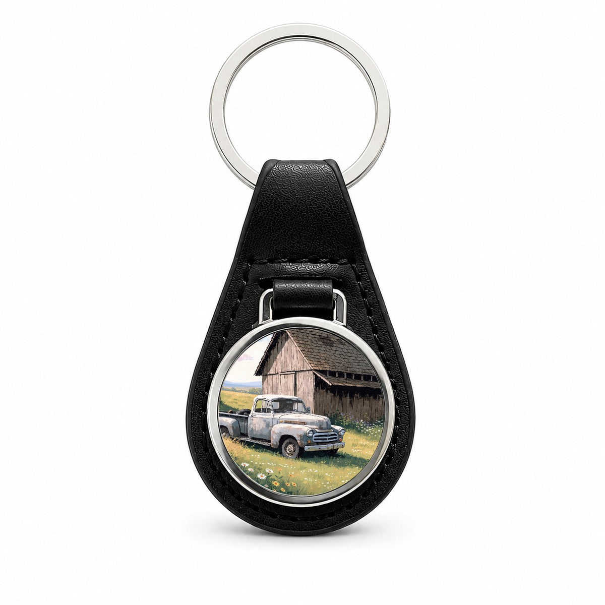 Vintage Farm Truck Rustic Barn Black Leather Metal Keychain
