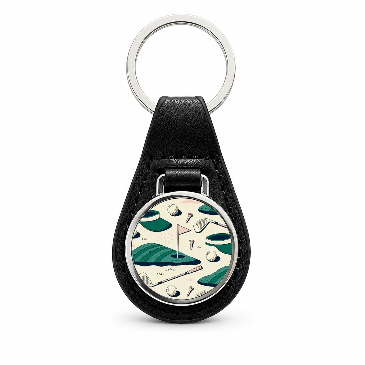 Vintage Golf Clubs Balls Black Leather Metal Keychain
