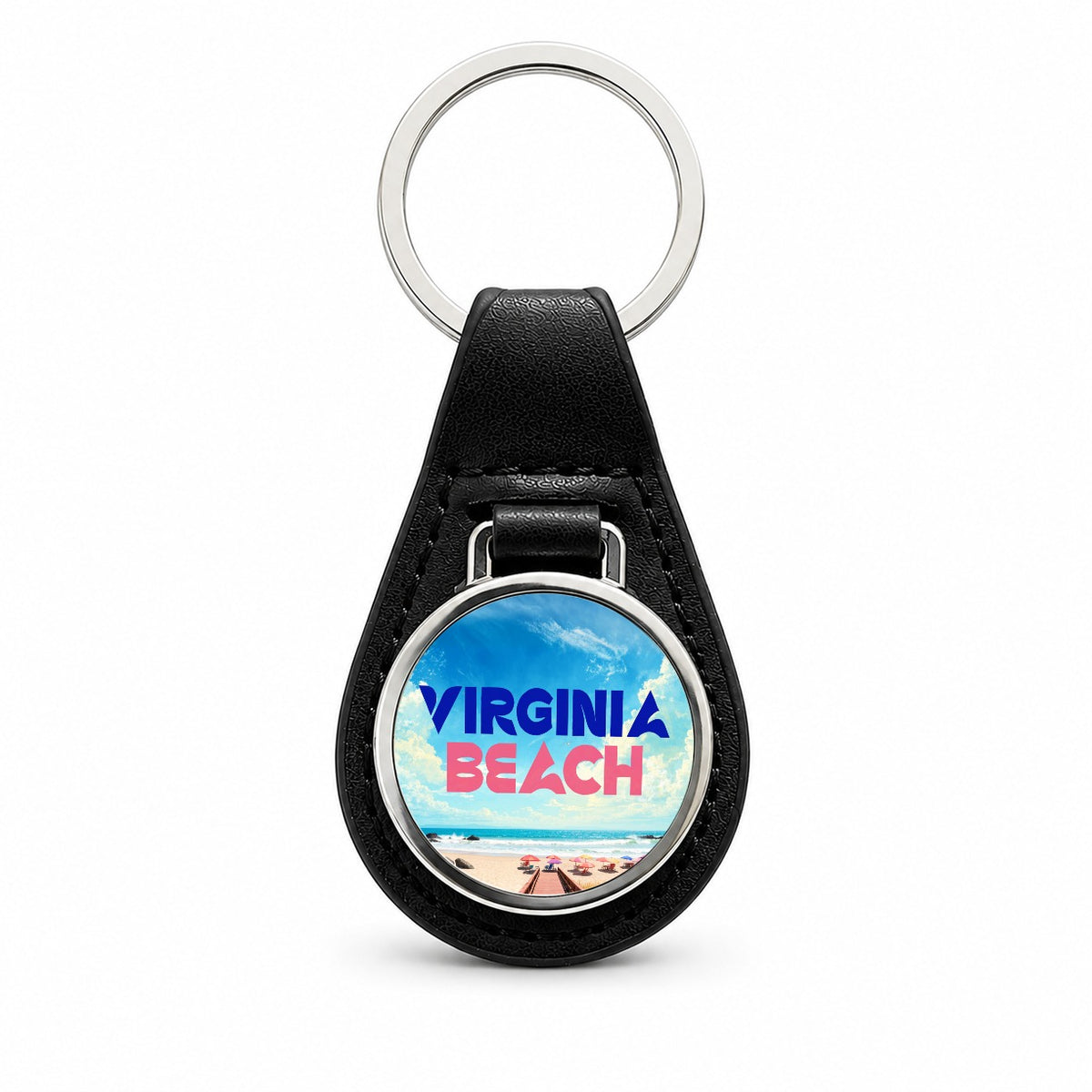 Virginia Beach Travel Black Leather Metal Keychain
