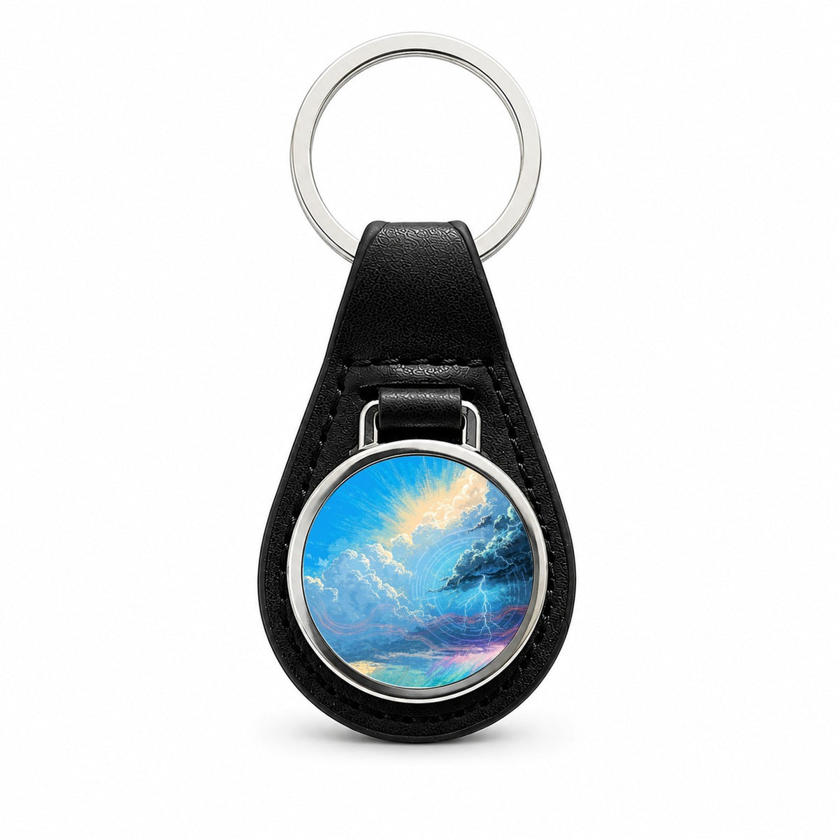 Weather Stormy Sky Lightning Black Leather Metal Keychain