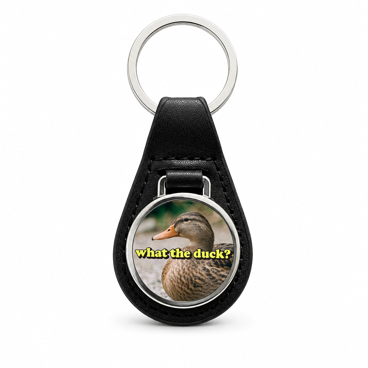 What The Duck Funny Black Leather Metal Keychain