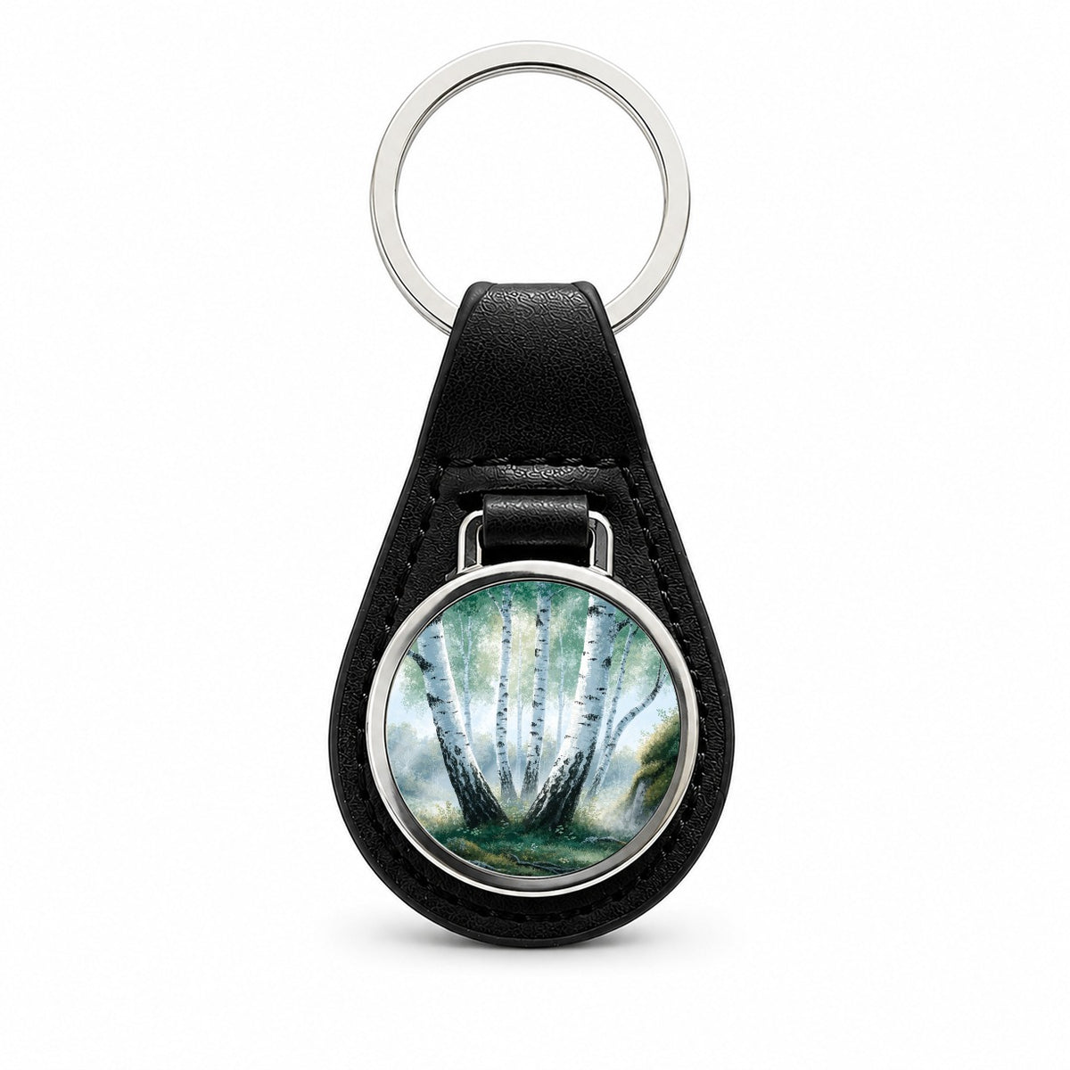 White Birch Trees Forest Black Leather Metal Keychain
