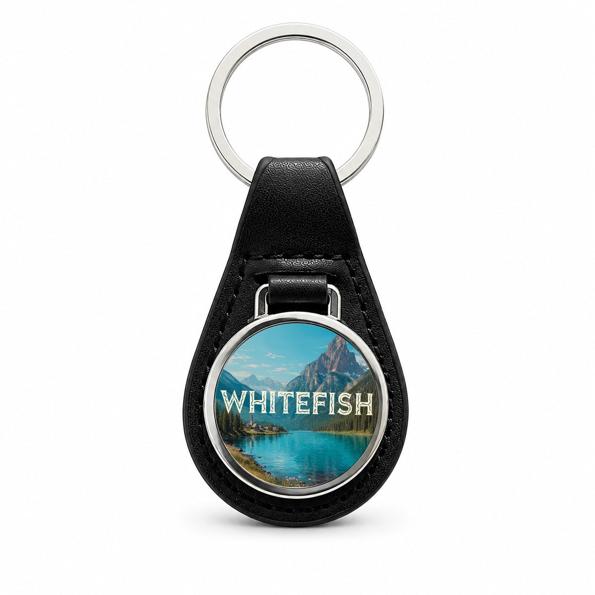 Whitefish Montana Travel Black Leather Metal Keychain