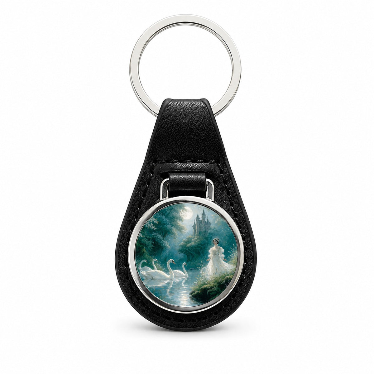 Wild Swans Fairy Tale Black Leather Metal Keychain