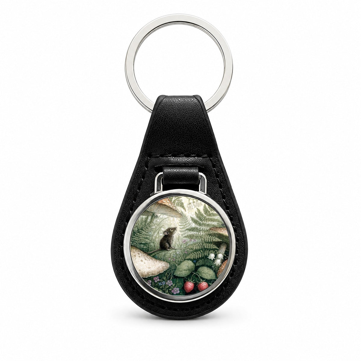 Woodland Mouse Mushroom Garden Black Leather Metal Keychain