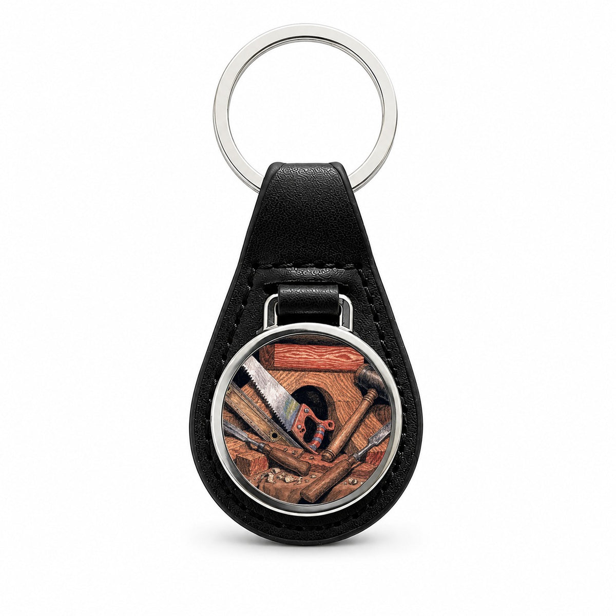 Woodworking Tools Workshop Black Leather Metal Keychain