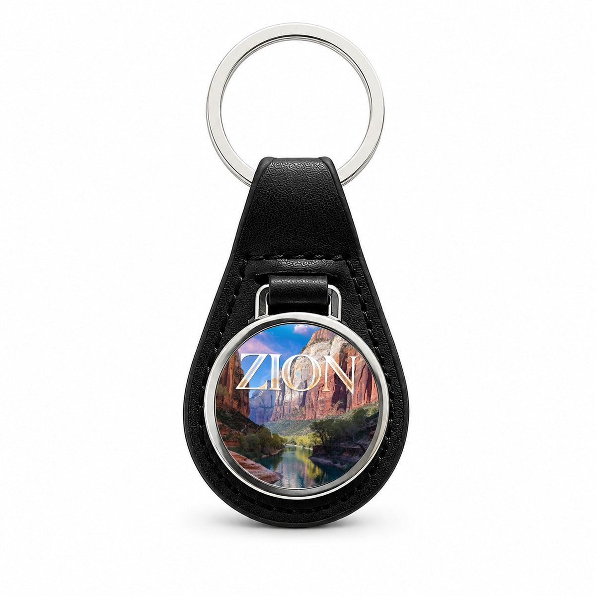 Zion Utah Travel Black Leather Metal Keychain