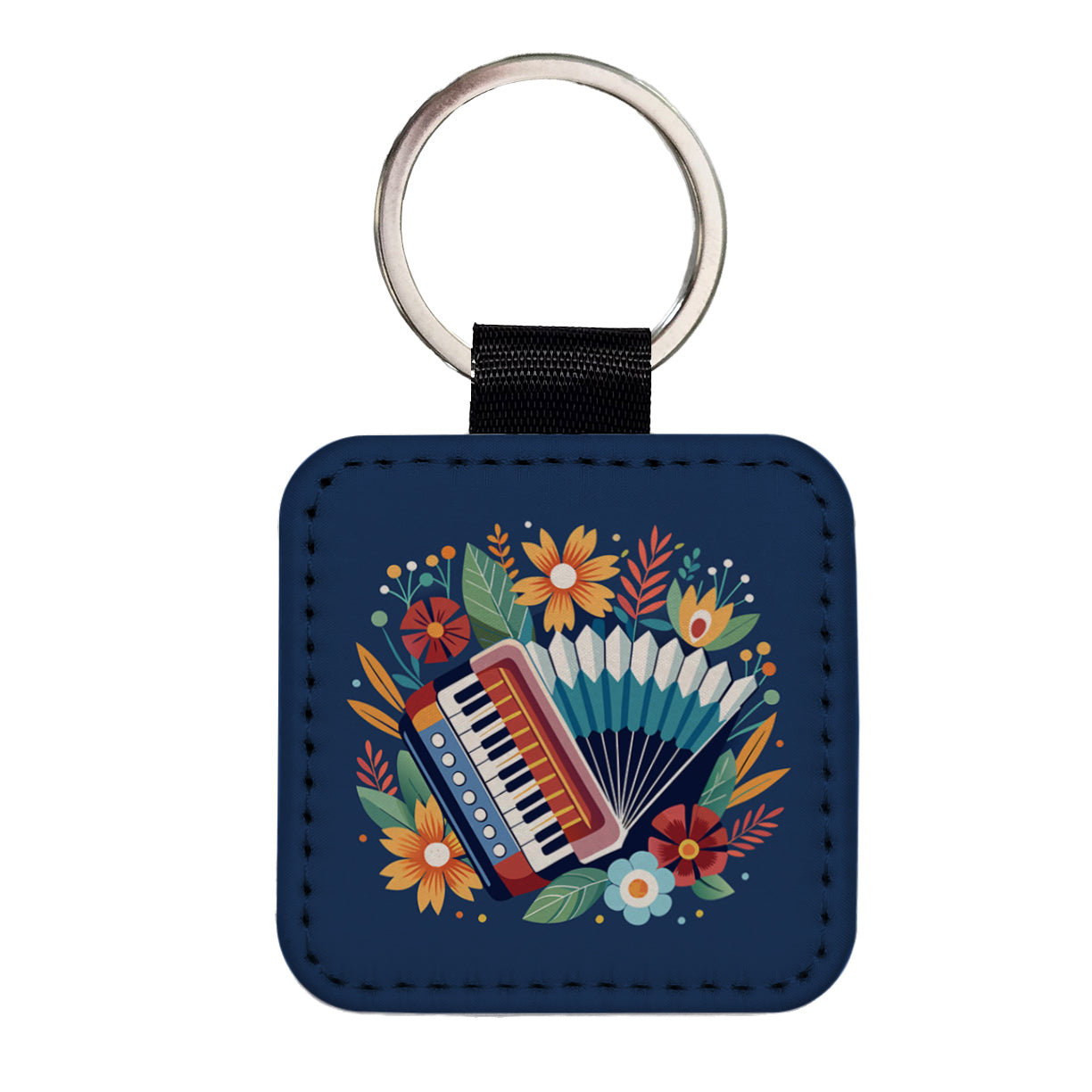 Accordion Music Floral Motif Square Faux Leather Keychain