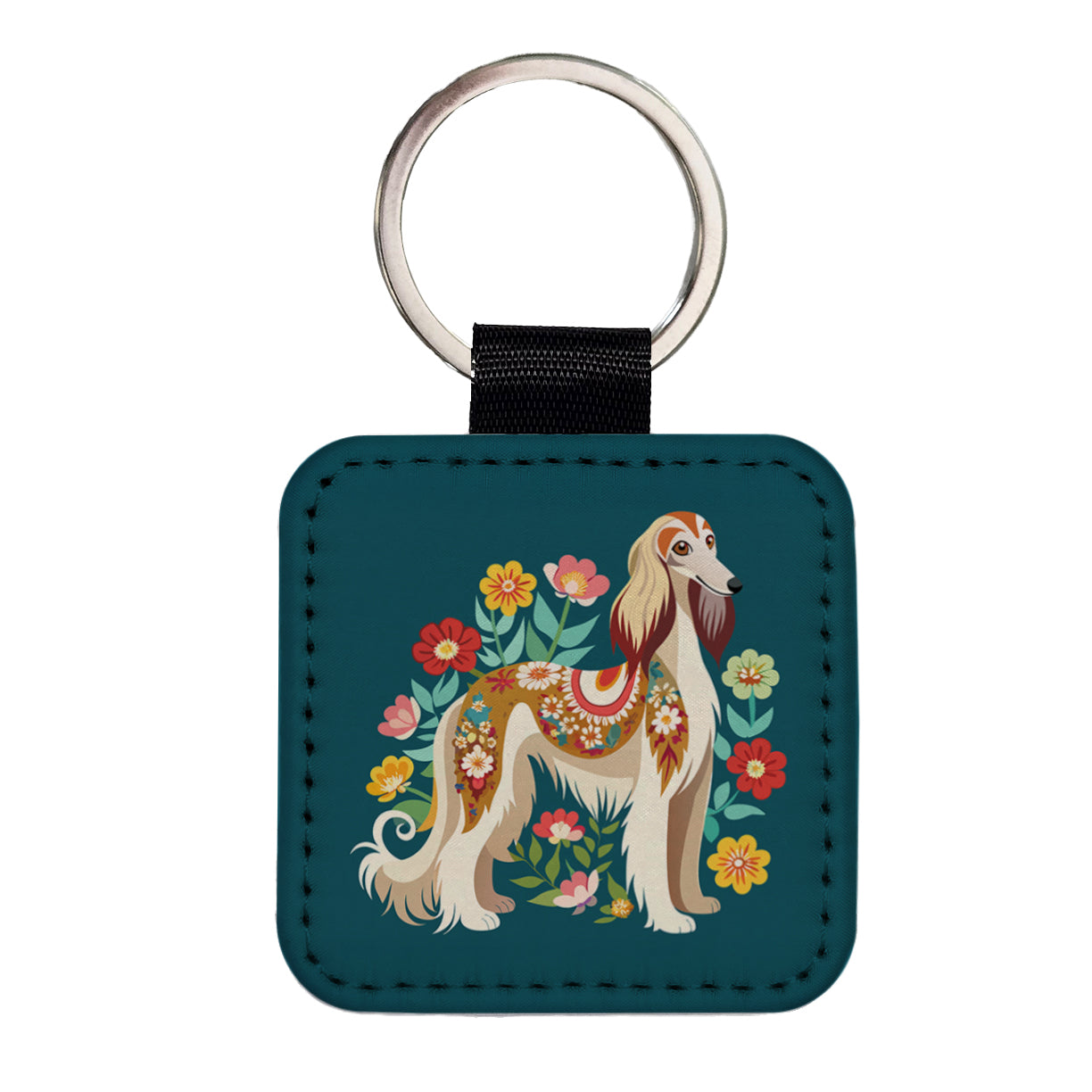 Afghan Hound Dog Floral Flowers Square Faux Leather Keychain