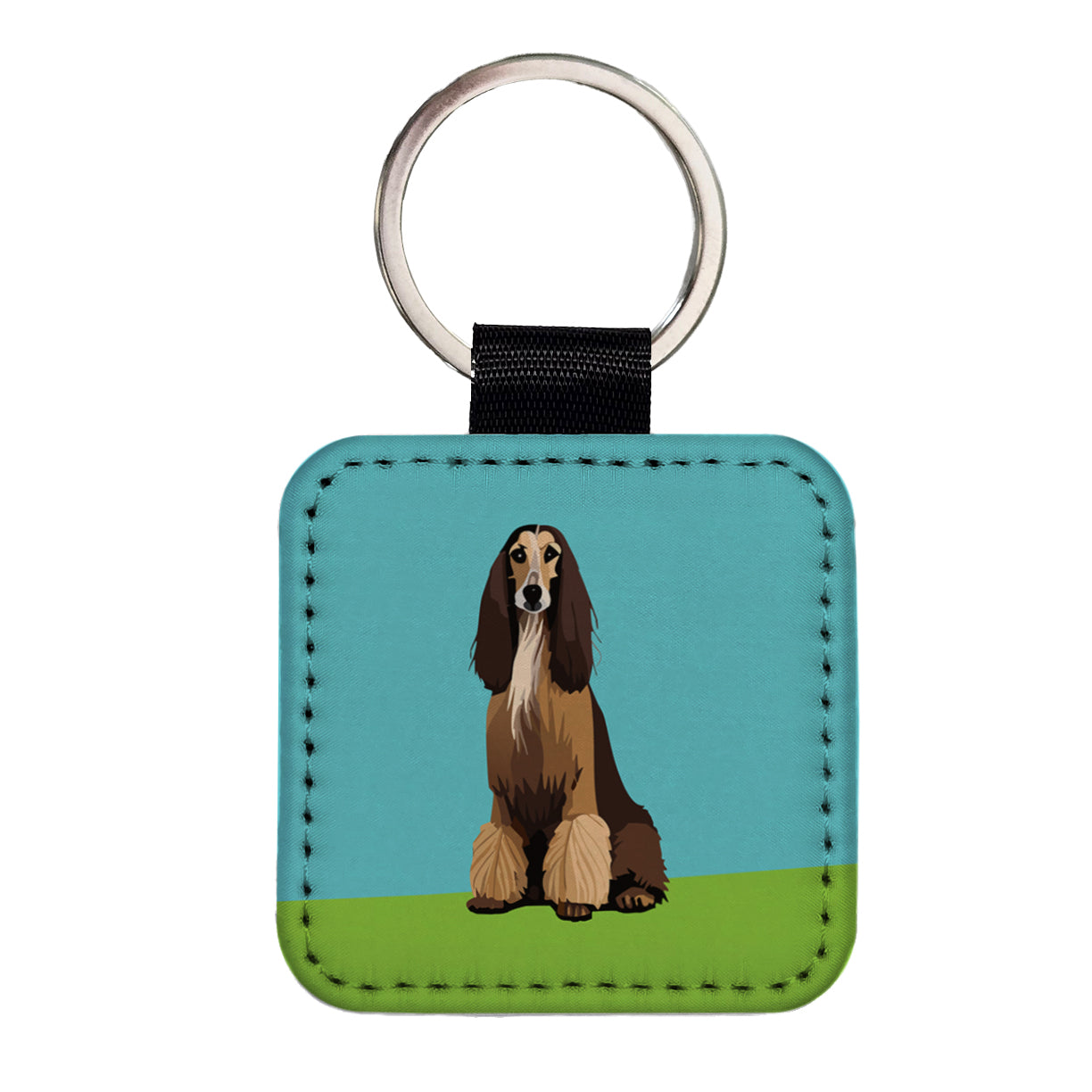 Afghan Hound Dog Sitting Square Faux Leather Keychain