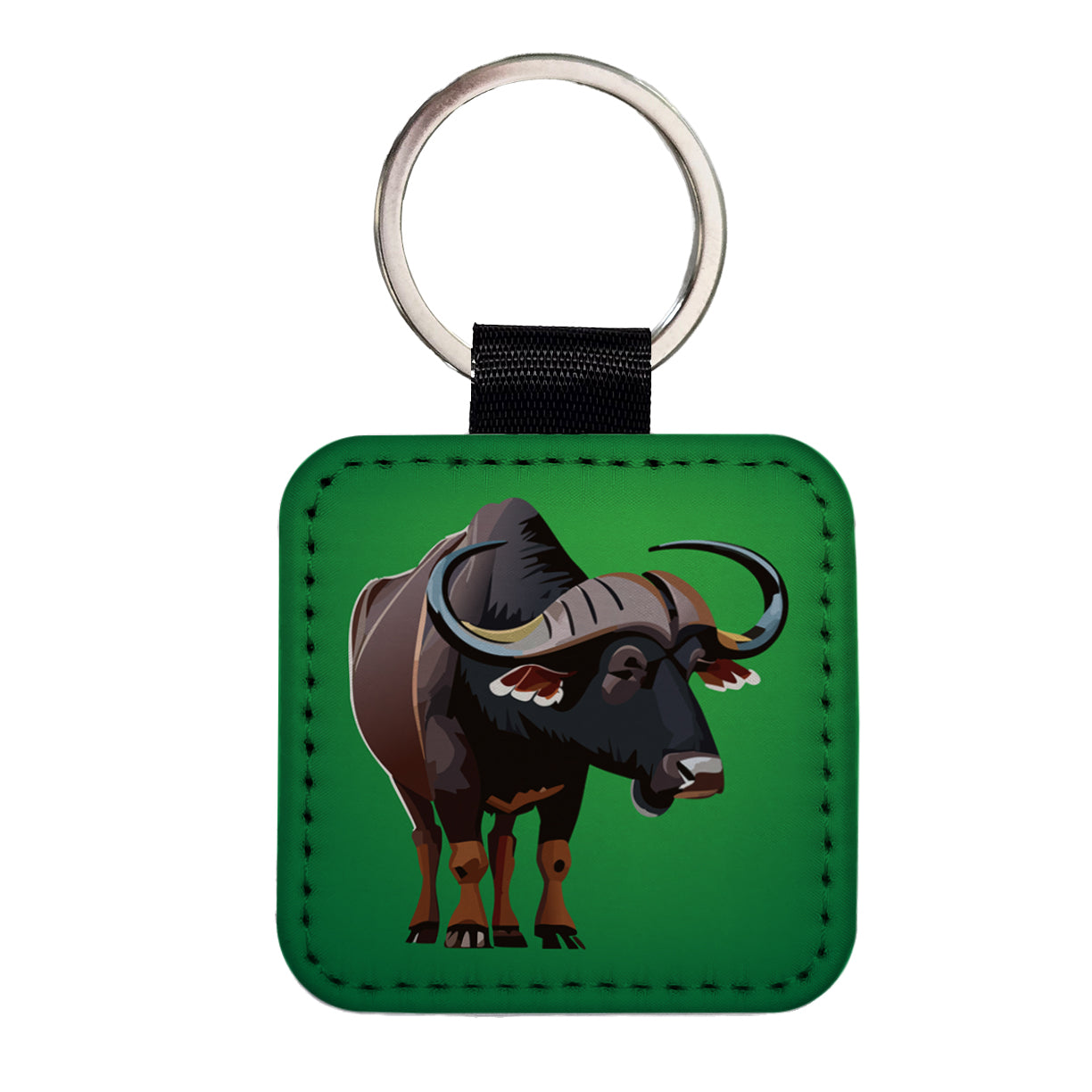 African Buffalo Standing Square Faux Leather Keychain