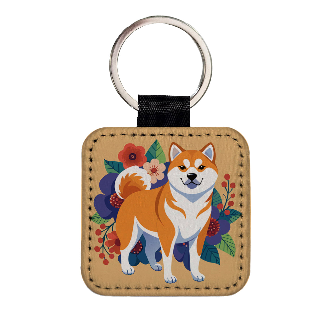 Akita Dog Floral Flowers Square Faux Leather Keychain