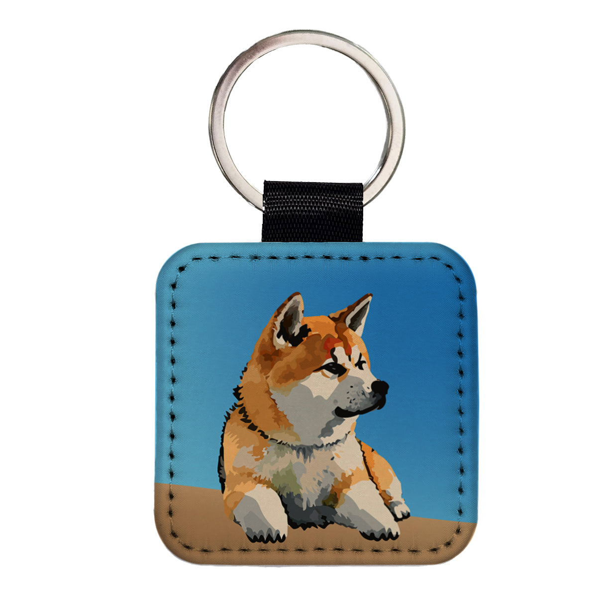 Akita Dog Watercolor Square Faux Leather Keychain