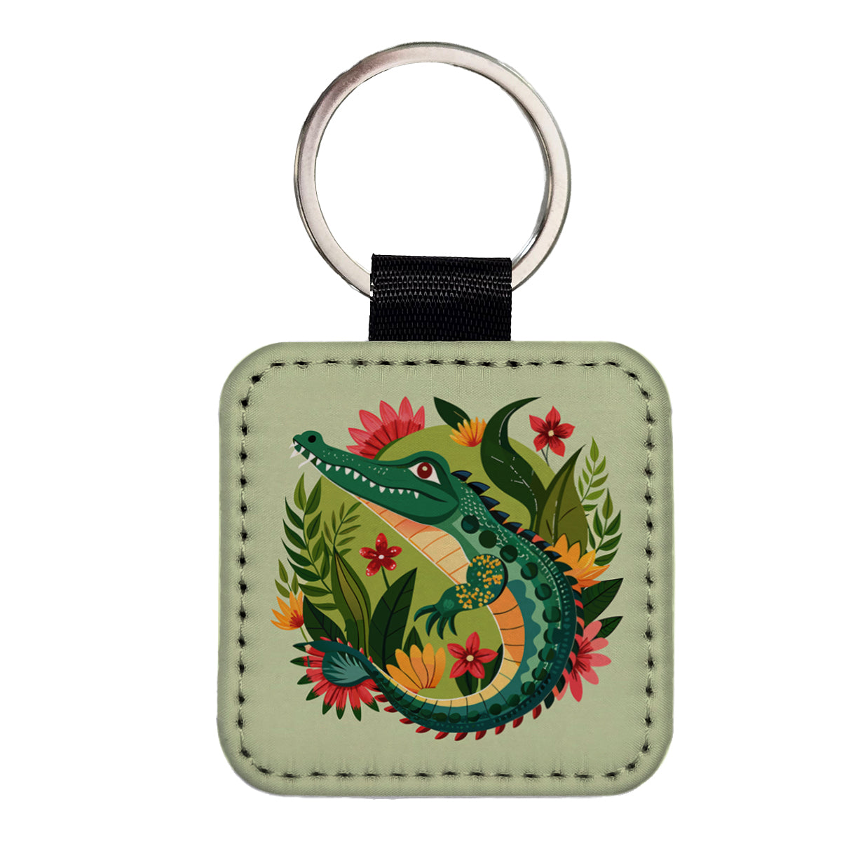 Alligator Floral Flowers Square Faux Leather Keychain