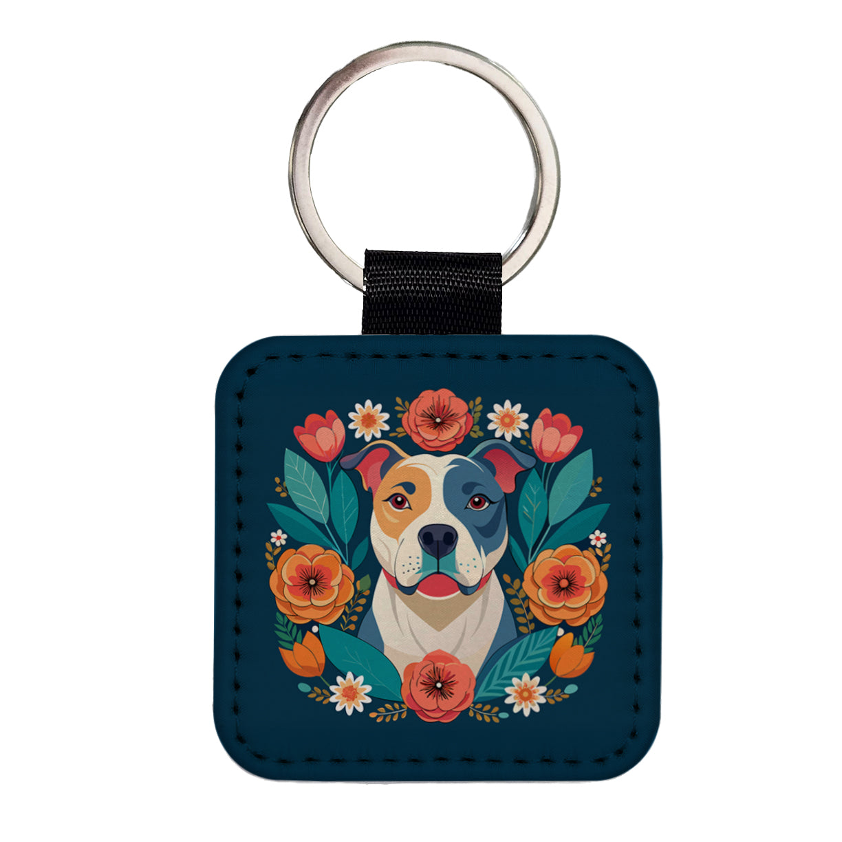 American Bulldog Dog Floral Flowers Square Faux Leather Keychain
