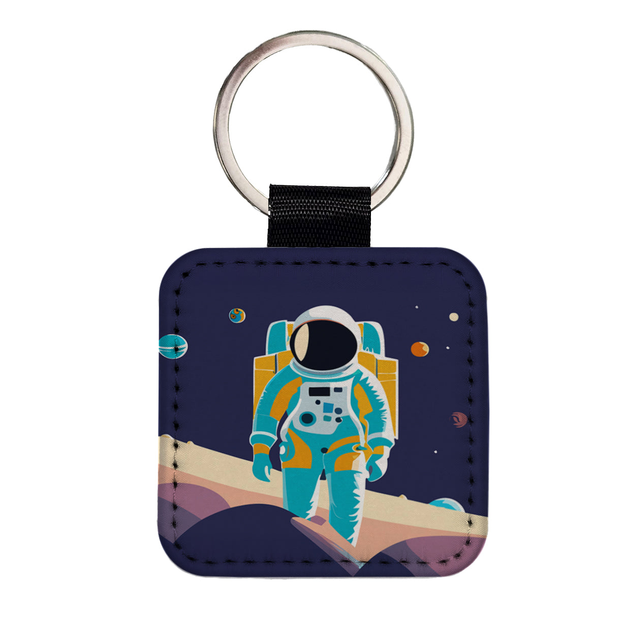 Astronaut in Outer Space Planets Science Fiction Square Faux Leather Keychain