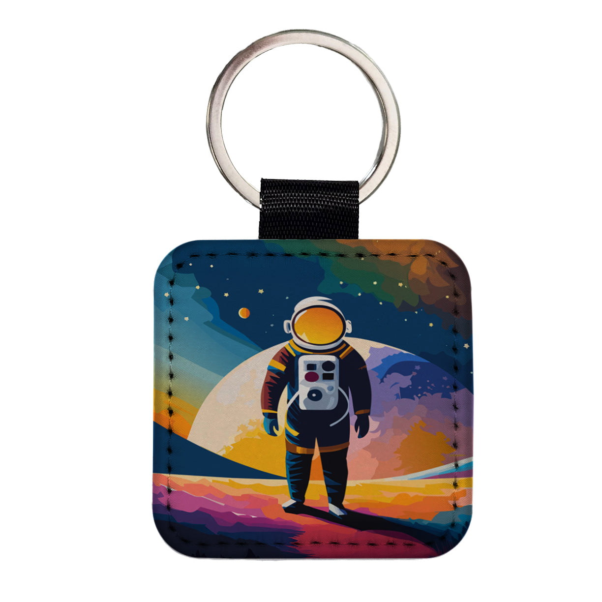 Astronaut Standing Space Astronomy Square Faux Leather Keychain