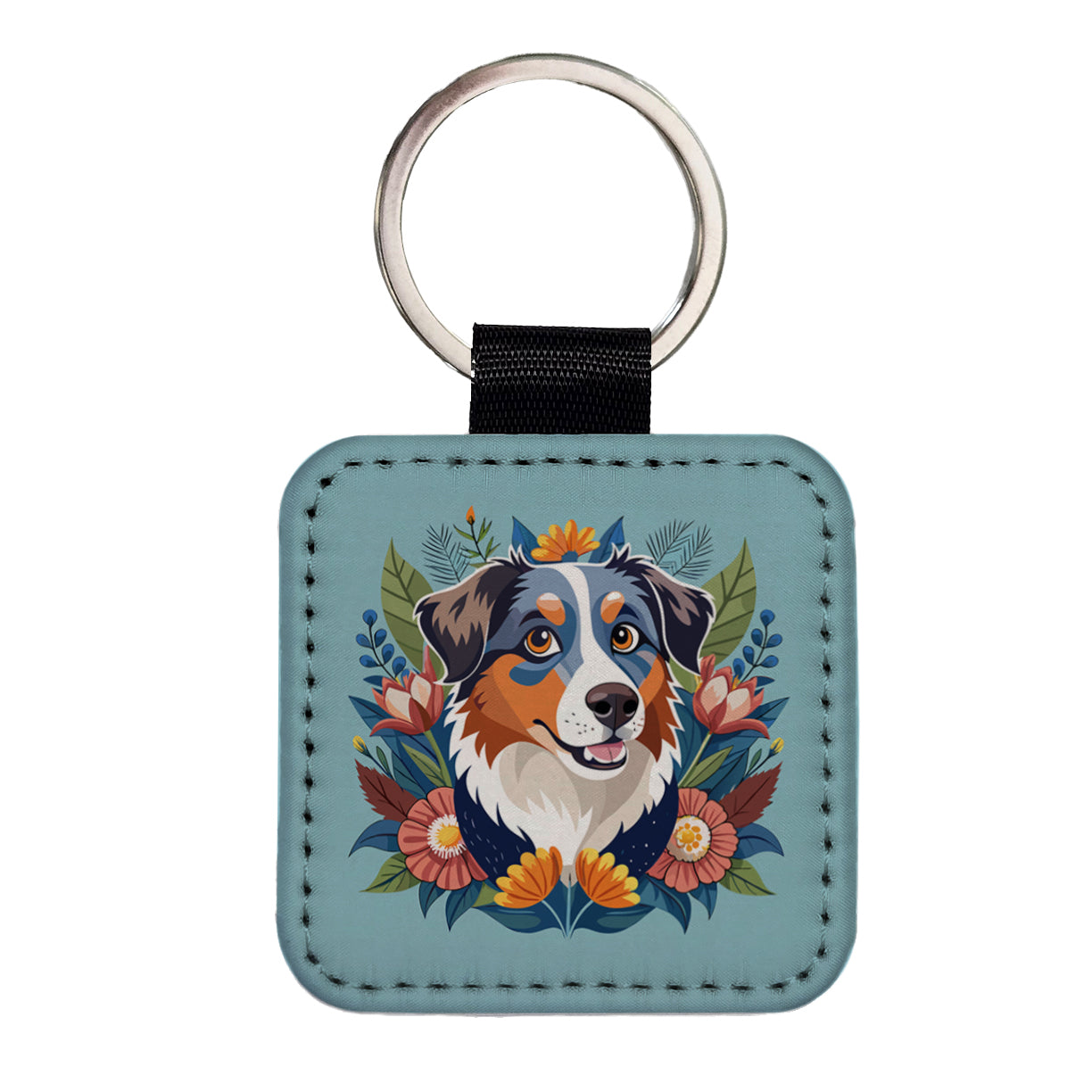 Australian Shepherd Dog Floral Flowers Square Faux Leather Keychain