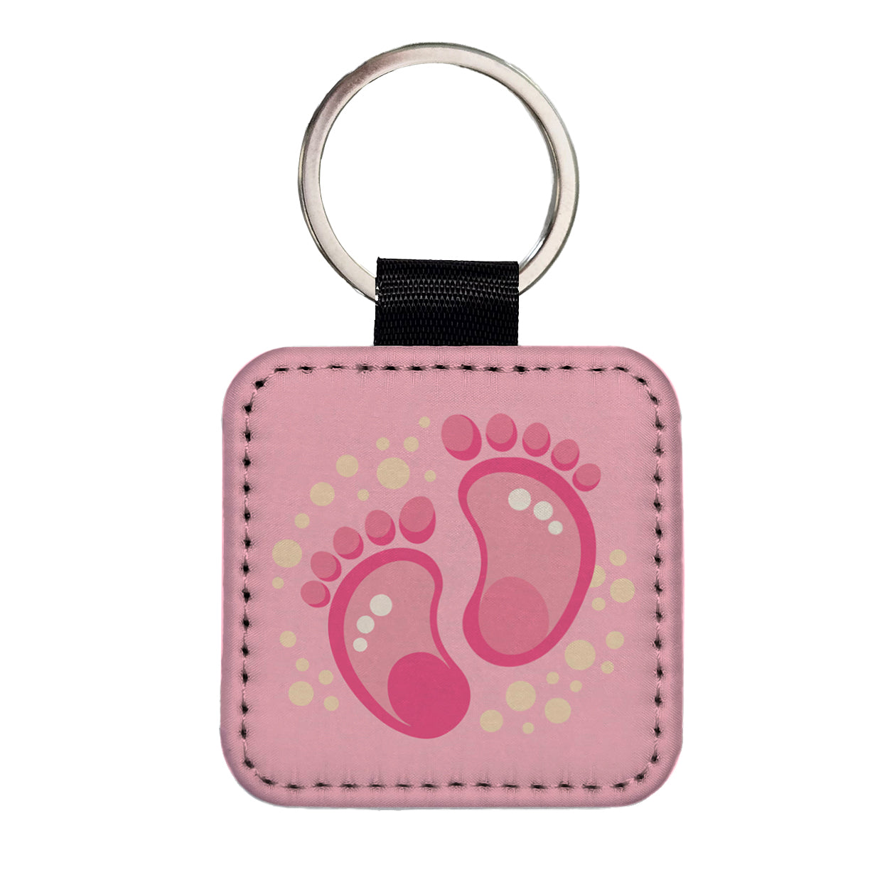 Baby Footprints Pink Square Faux Leather Keychain