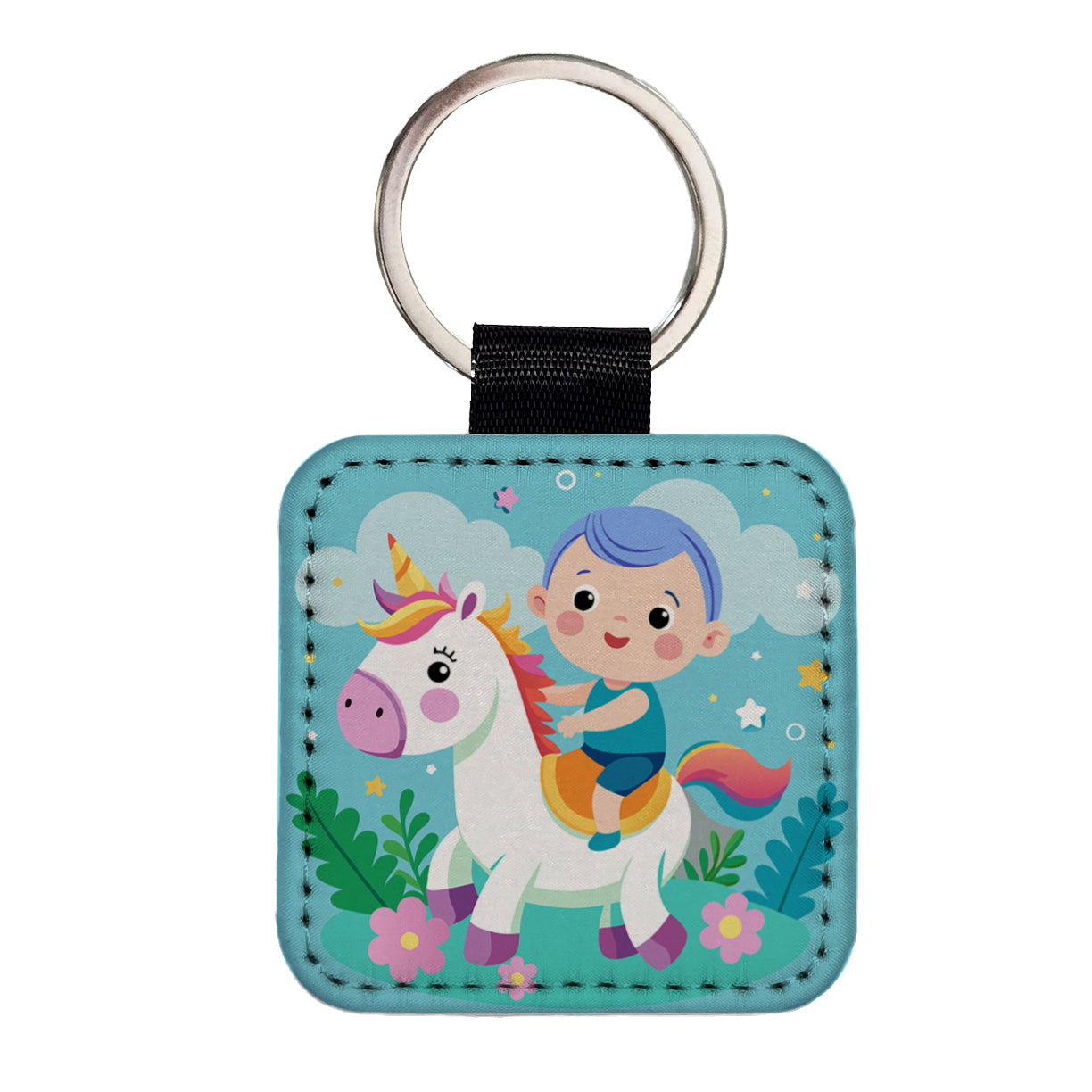 Baby Riding Unicorn Cute Funny Square Faux Leather Keychain