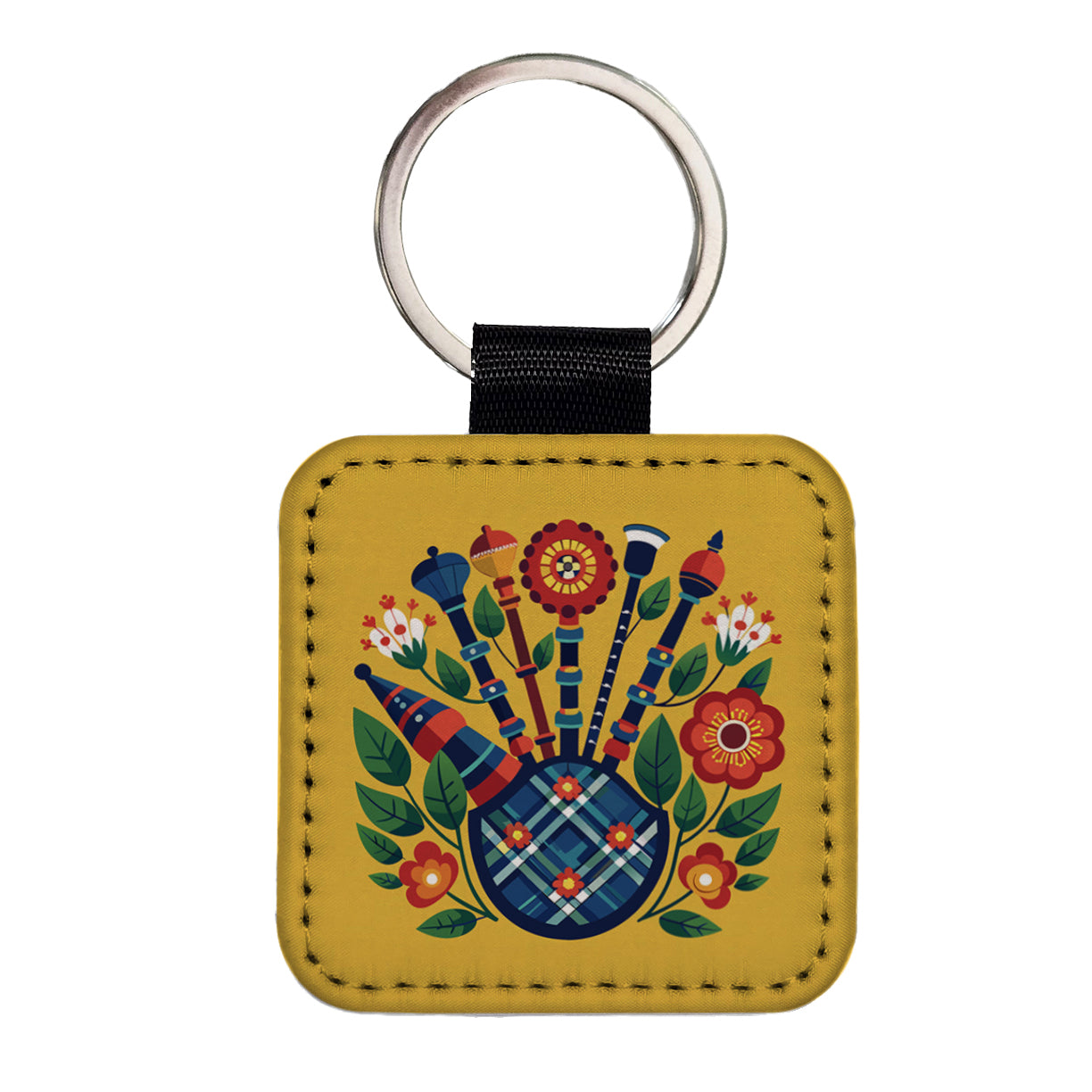 Bagpipes Music Floral Motif Square Faux Leather Keychain