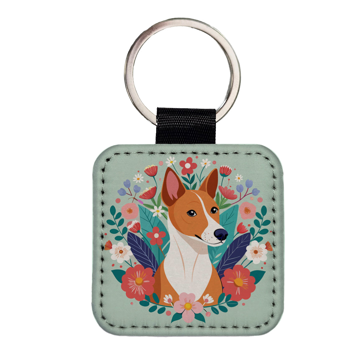 Basenji Dog Floral Flowers Square Faux Leather Keychain