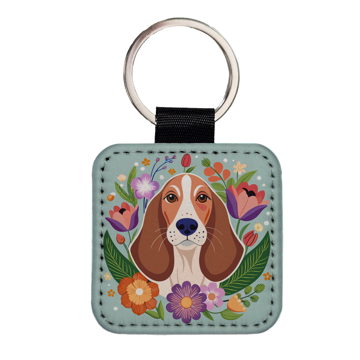 Basset Hound Dog Floral Flowers Square Faux Leather Keychain
