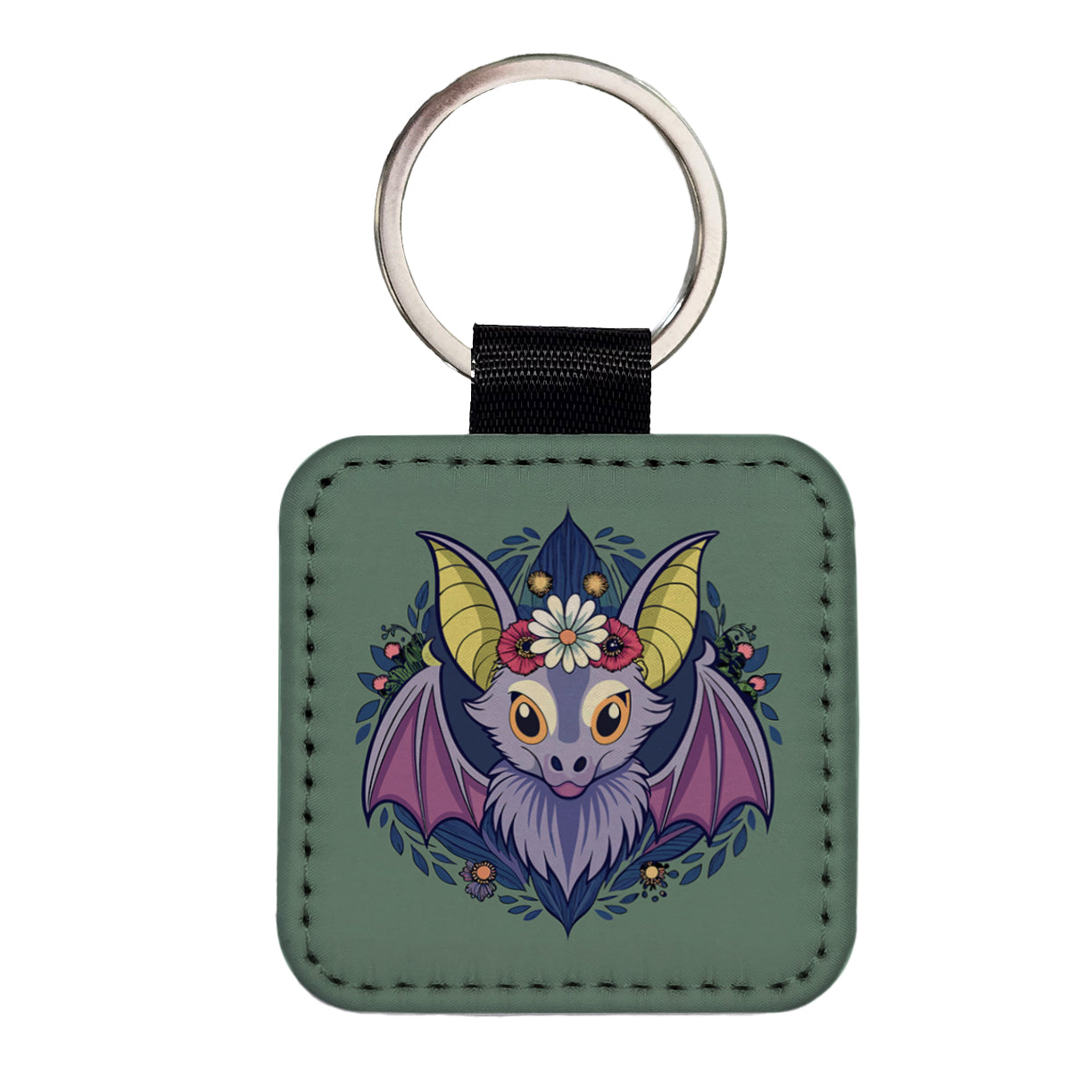 Bat Floral Flowers Halloween Square Faux Leather Keychain