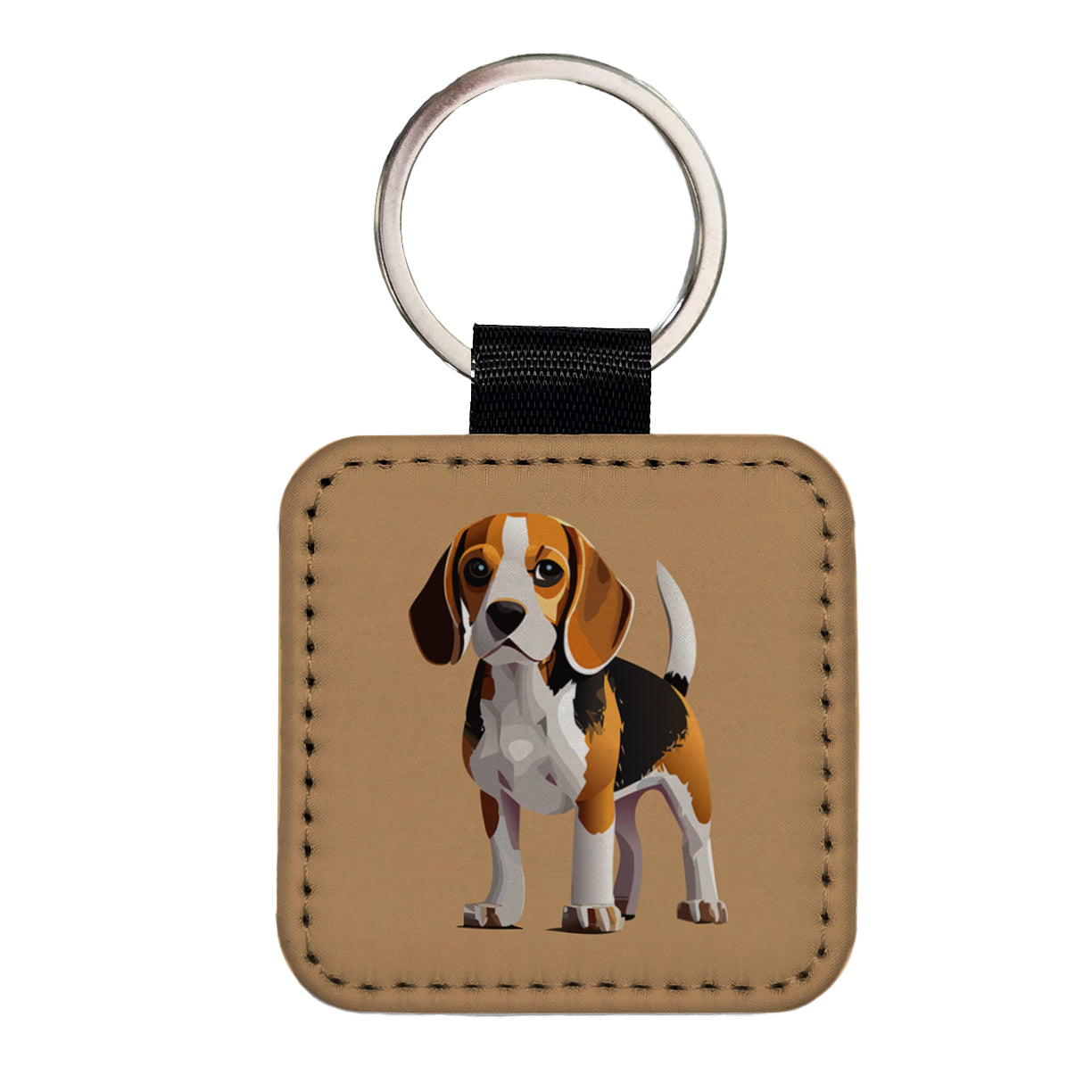 Beagle Dog Standing Square Faux Leather Keychain