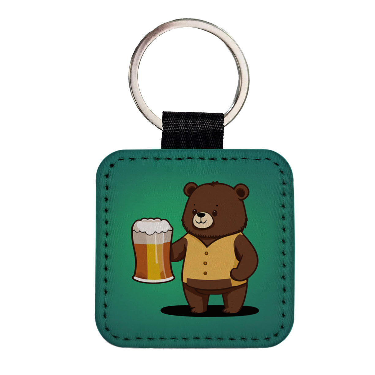 Bear Drinking Beer Standing Funny Square Faux Leather Keychain