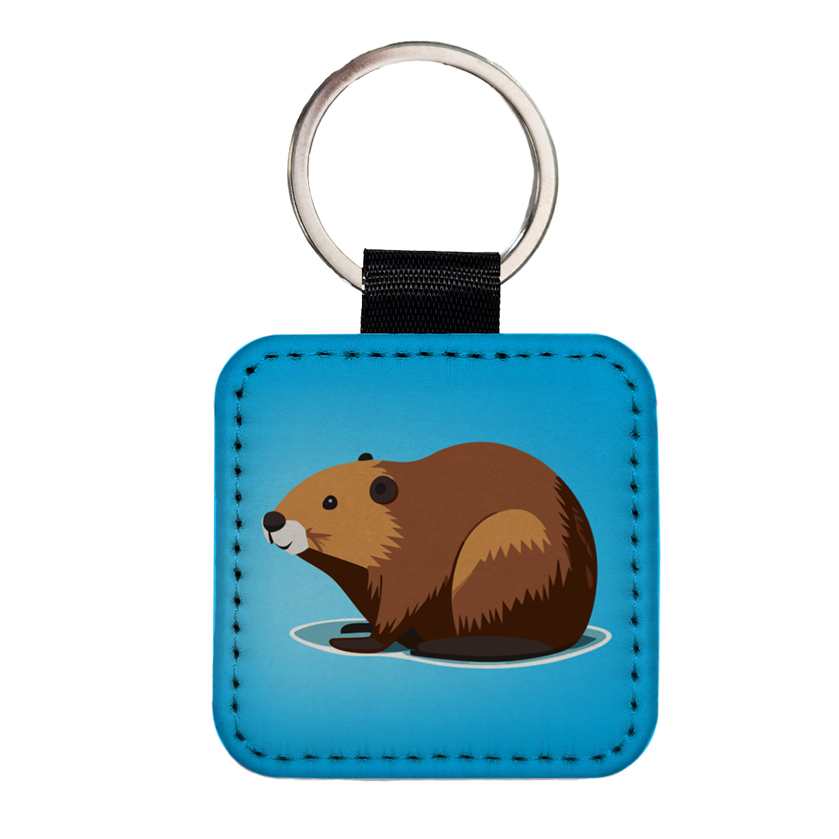 Beaver Cute Profile Square Faux Leather Keychain