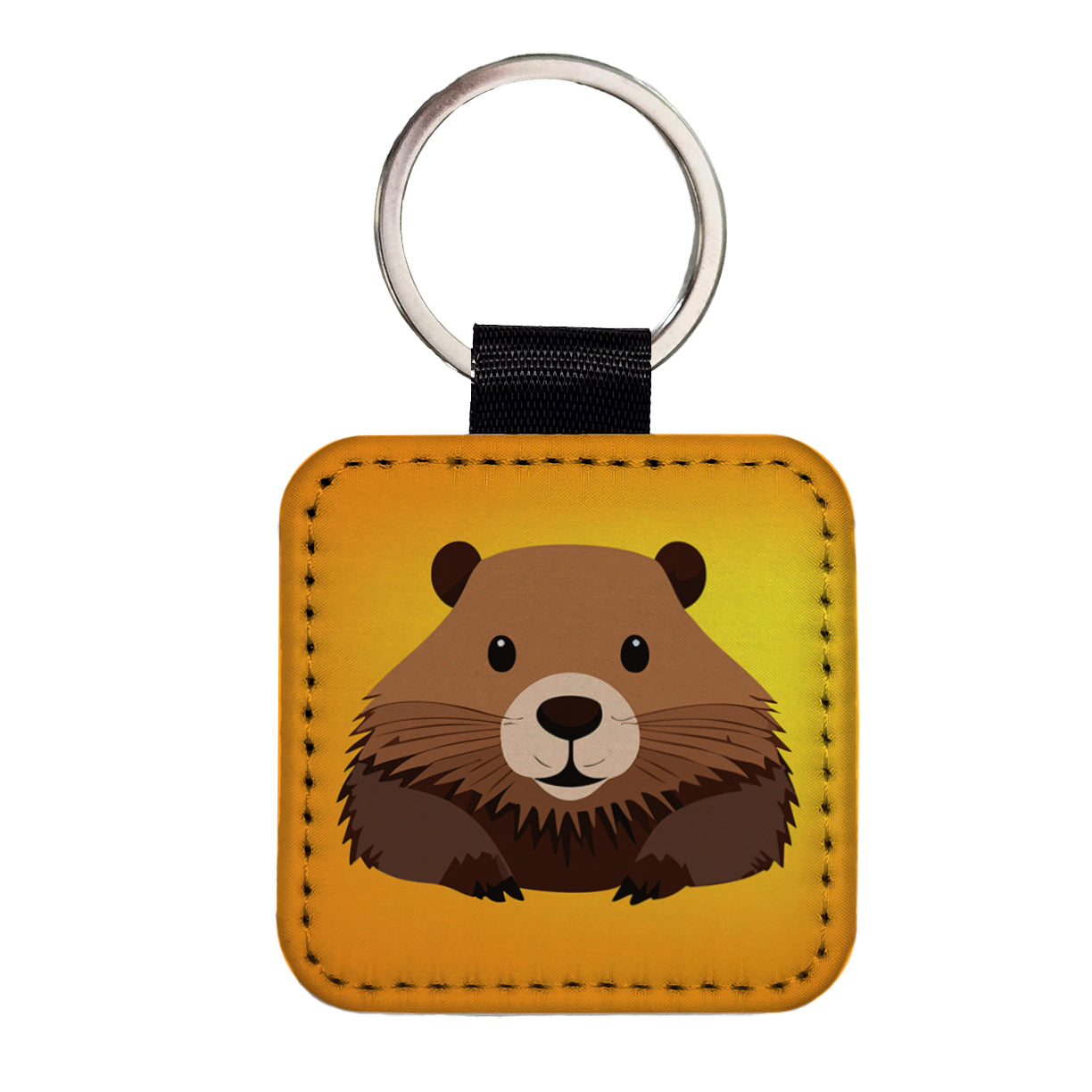 Beaver Cute Staring Square Faux Leather Keychain